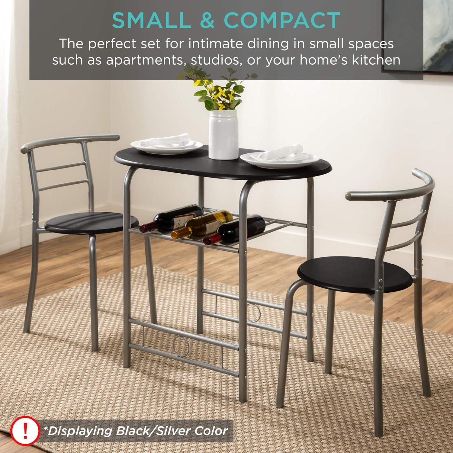 Compact Black MDF Wood and Steel Dining Set with Built-in Wine Rack