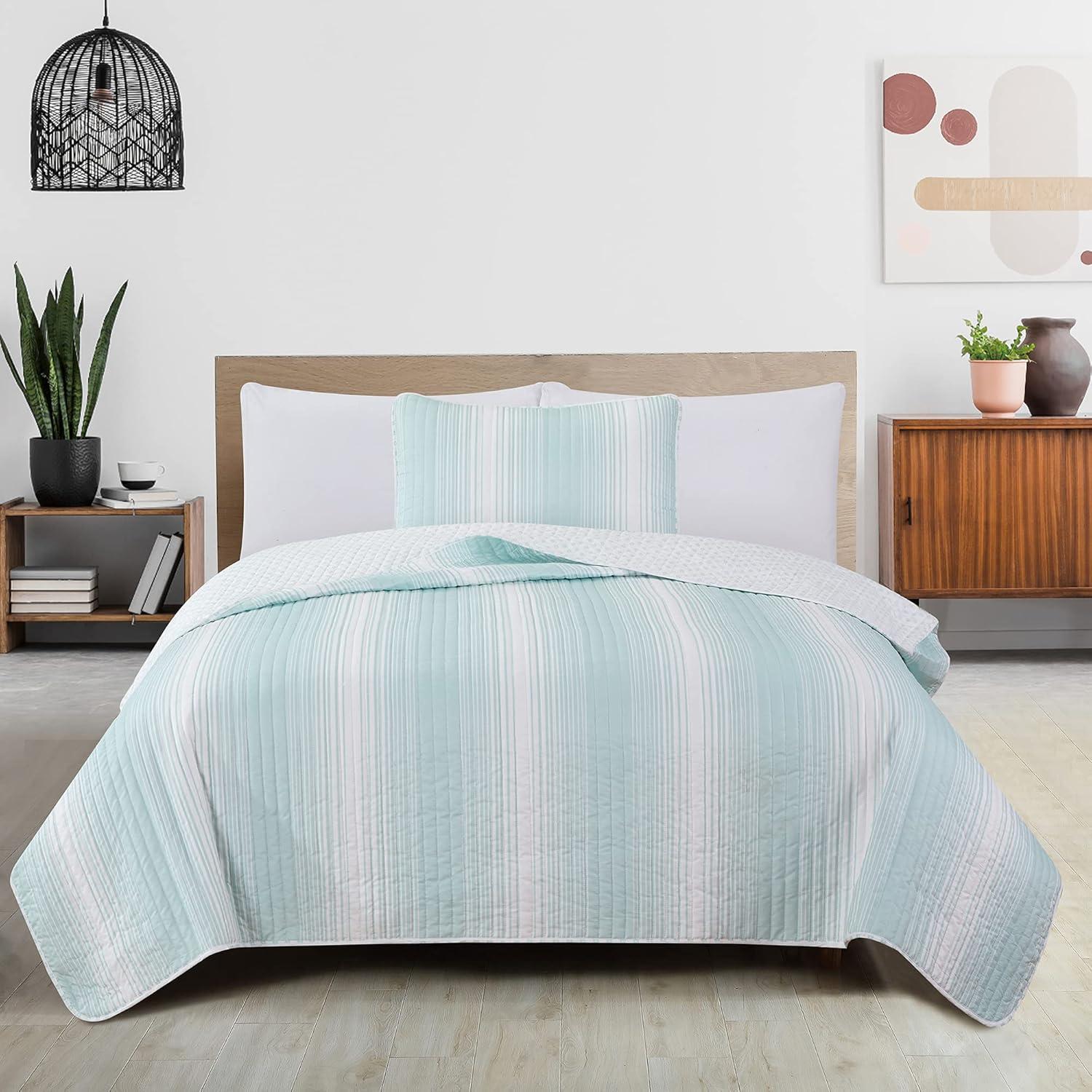 Seafoam Blue Twin Microfiber Reversible Quilt Set