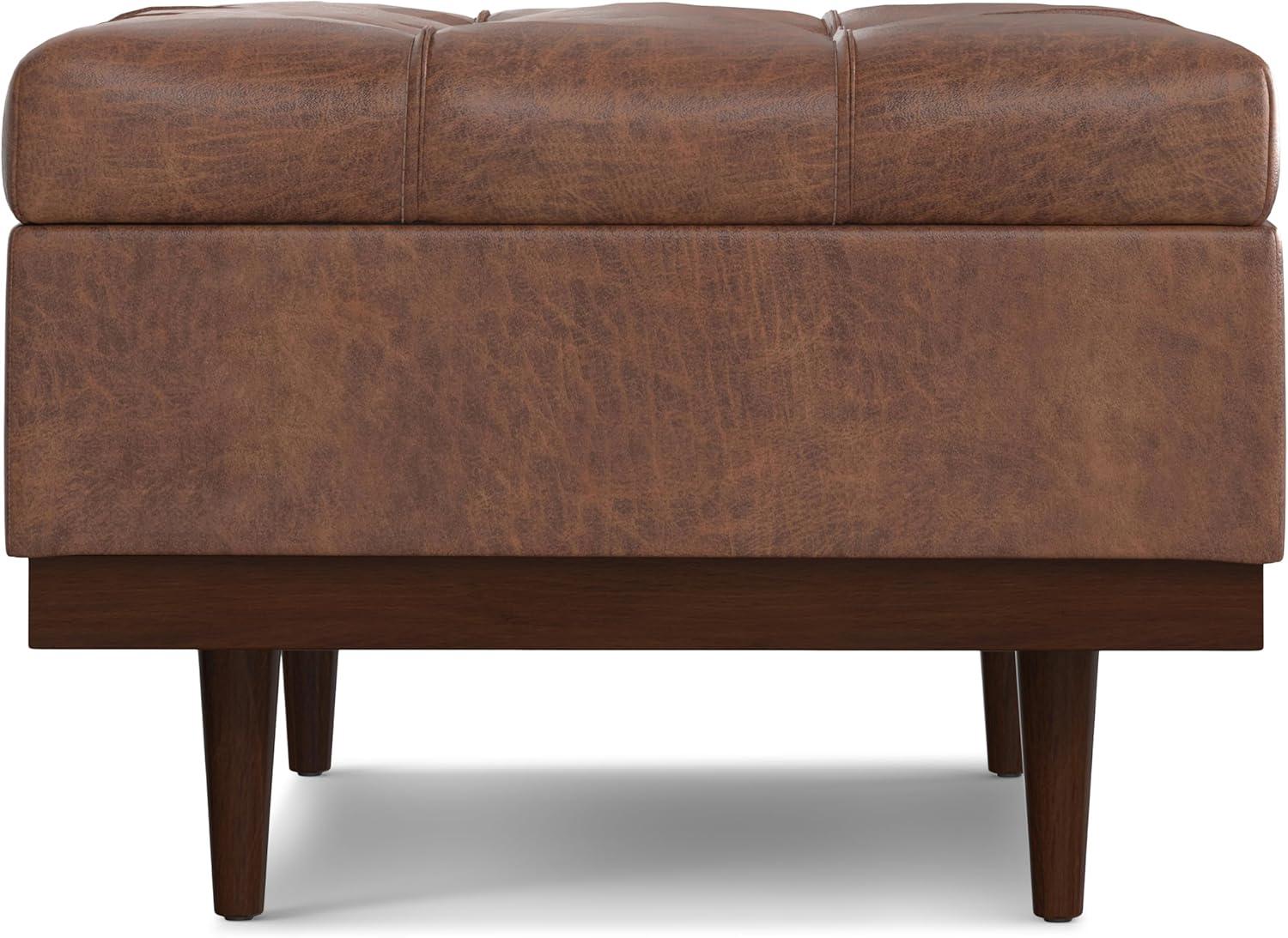 Simpli Home Mariah 34 inch Wide Contemporary Rectangle Coffee Table Storage Ottoman in Distressed Saddle Brown Vegan Faux Leather