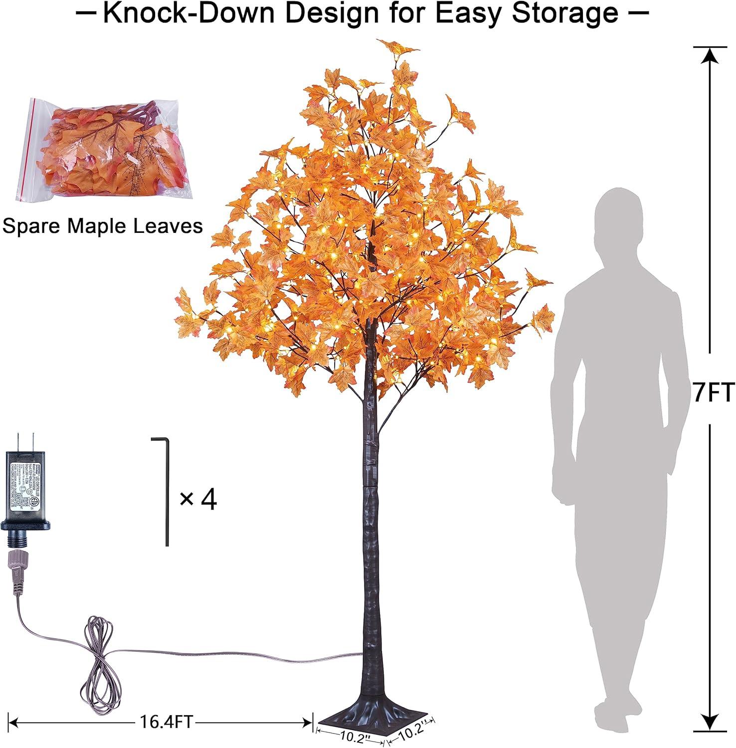 7-Foot White LED Lighted Maple Tree with Orange Leaves