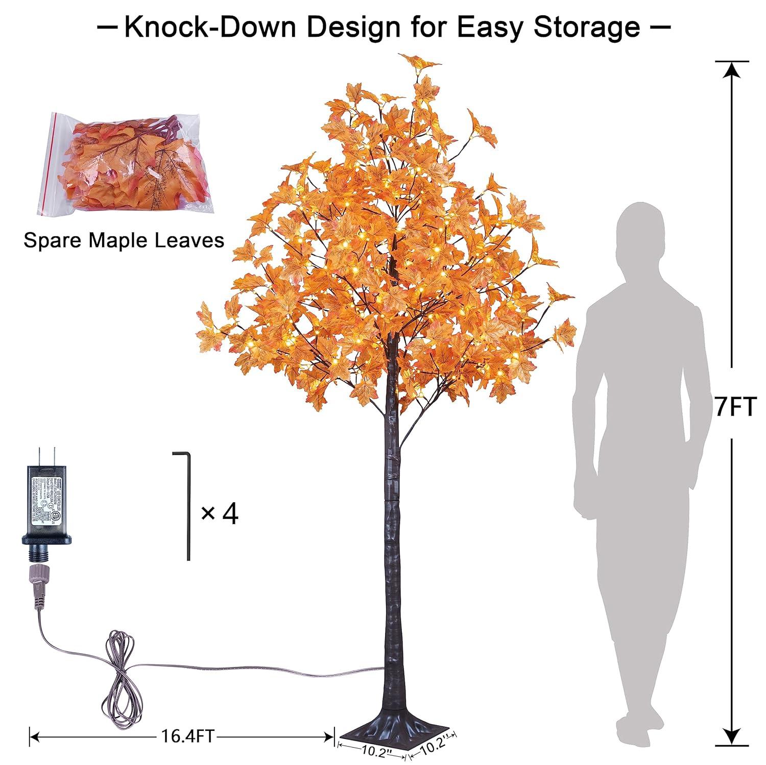 7-Foot White LED Lighted Maple Tree with Orange Leaves