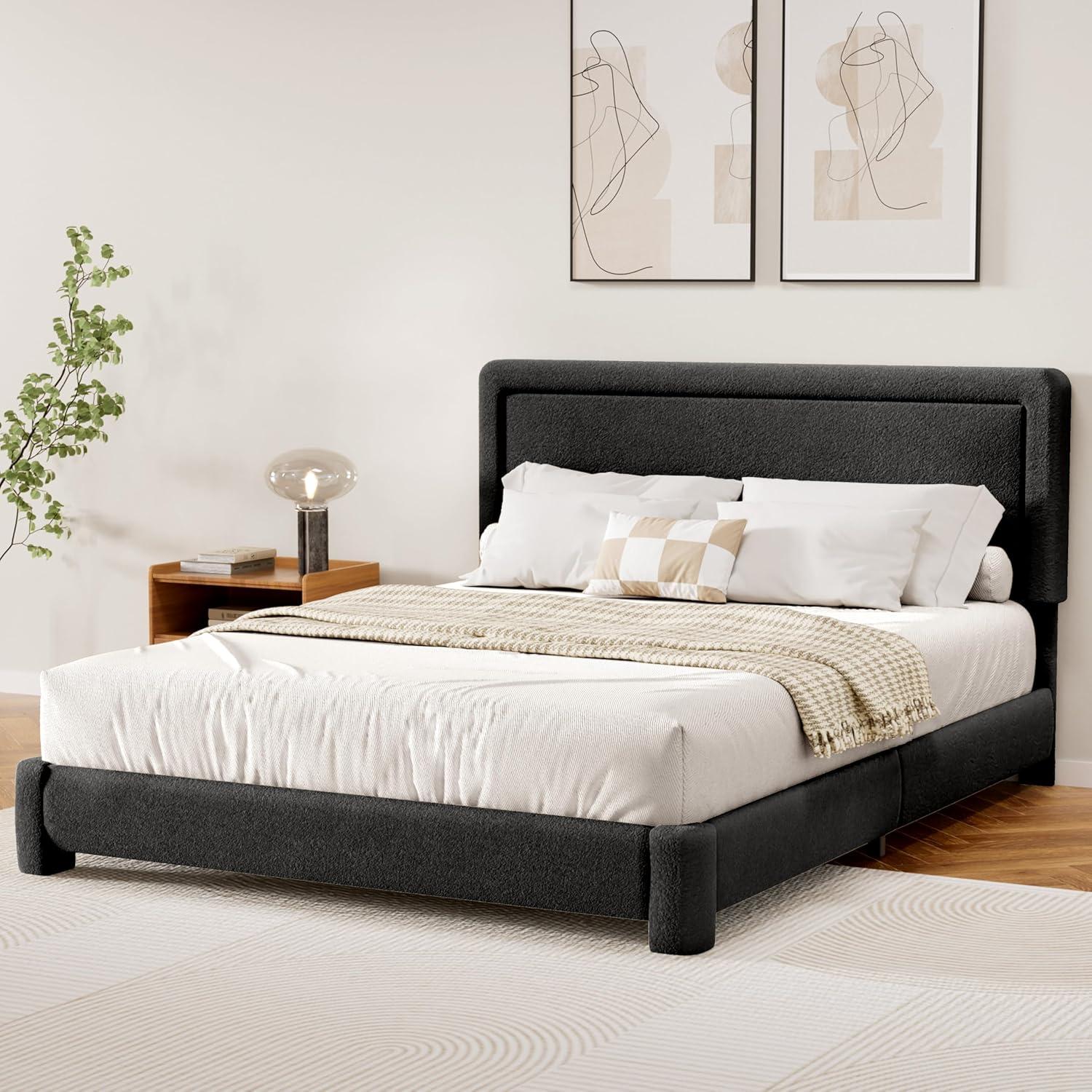 Queen Size Boucle Bed Frame, Upholstered Cloud Bed Frame with Adjustable Headboard, Soft Rounded Corners, No Box Spring Required, Easy Assembly, Black