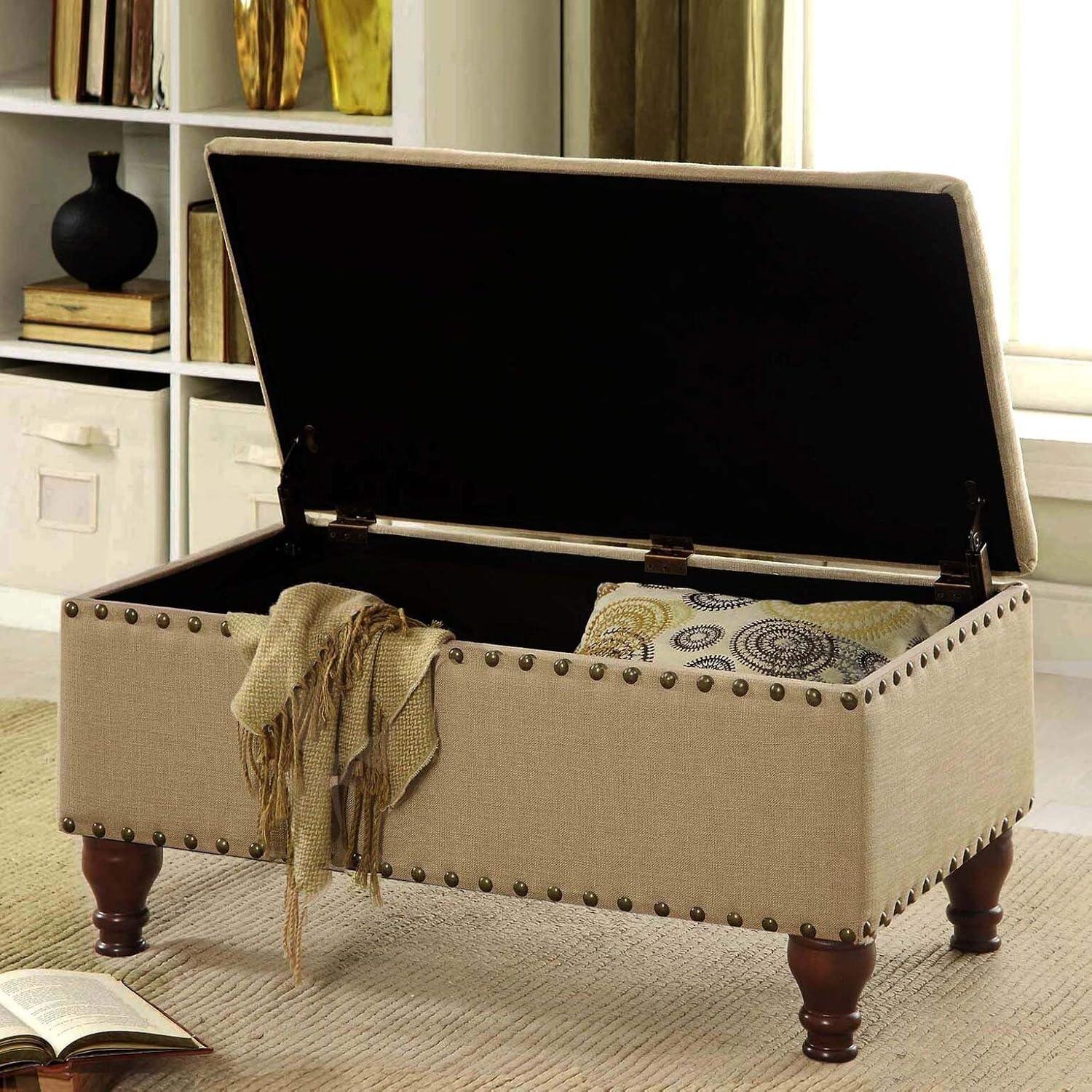 Elegant Tan Upholstered Storage Bench with Nailhead Trim and Wood Legs