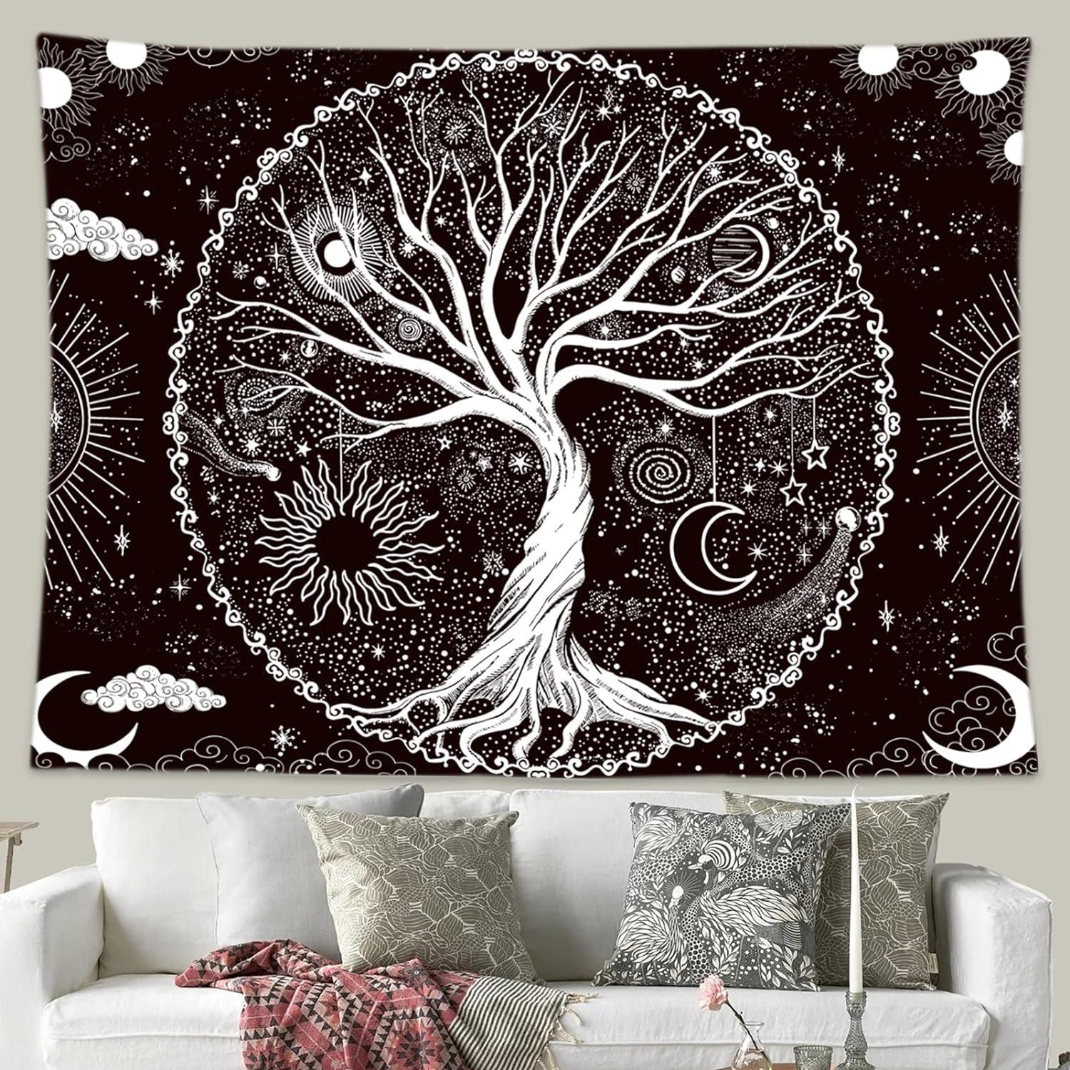 BCIIG Tree of Life Tapestry Wall Hanging Black and White Wishing Tree Galaxy Space Sun & Moon Tapestry Psychedelic Mystical Aesthetics Wall Hanging Living Room Bedroom Cosmic Tree