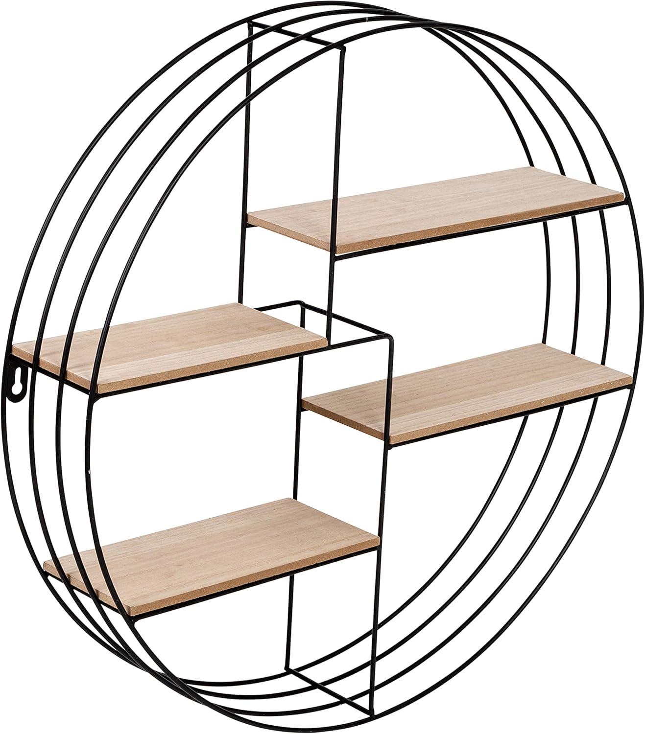 Black Round Steel and Wood Wall Display Shelf