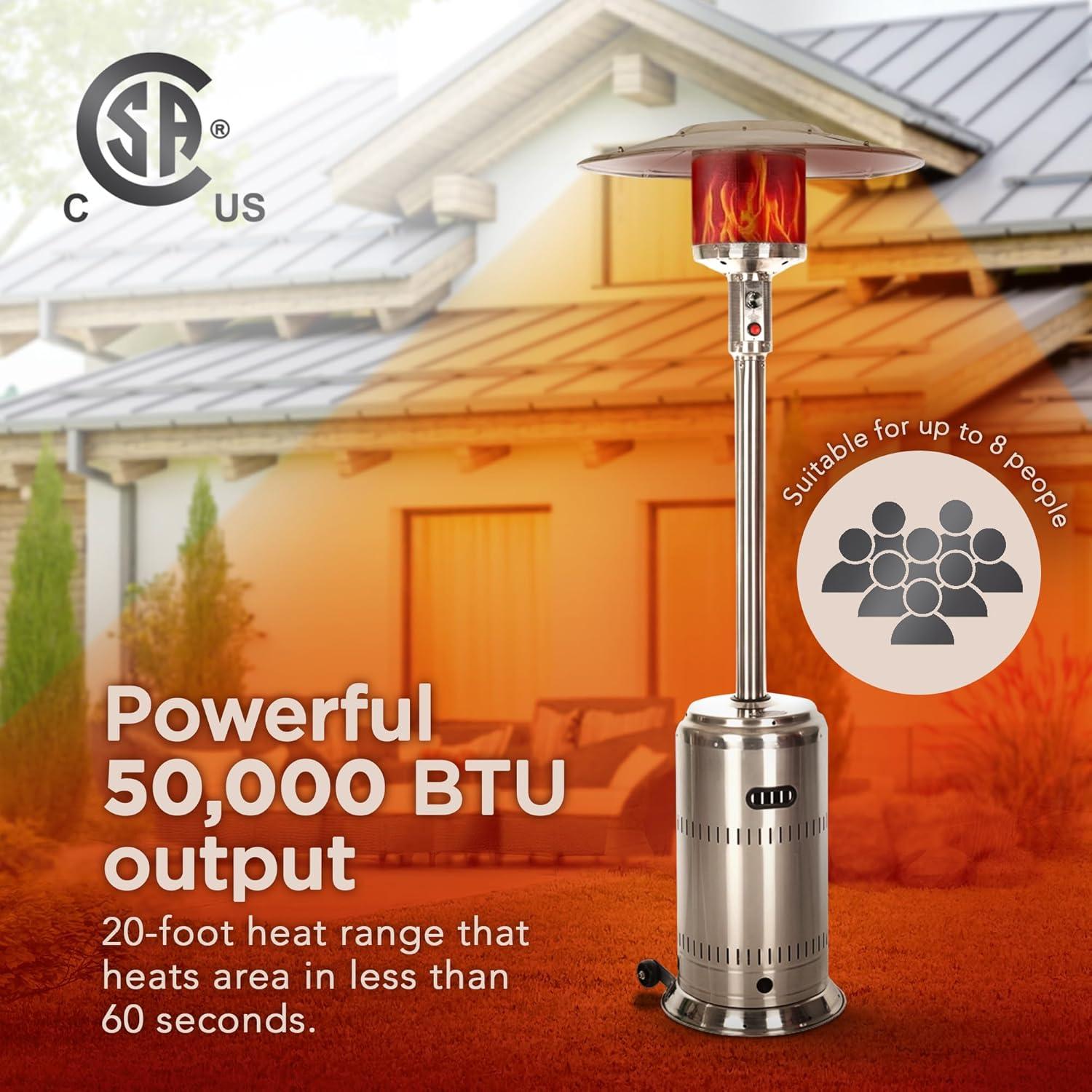 Fire Sense Fire Sense Performance Series Patio Heater with Wheels 50,000 BTU Output-Unpainted Stainless Steel
