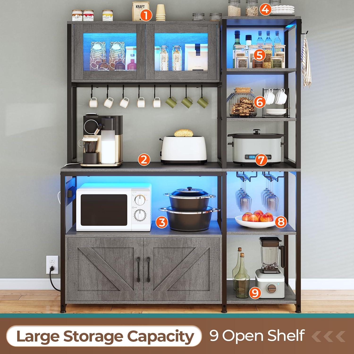 Itaar Bakers Rack with Power Outlet and LED Light, 45.3 Inch Farmhouse Coffee Bar Cabinet, Kitchen Microwave Stand with Storage, Glass Cabinet, Goblet Holder and 8 Hooks (Grey)