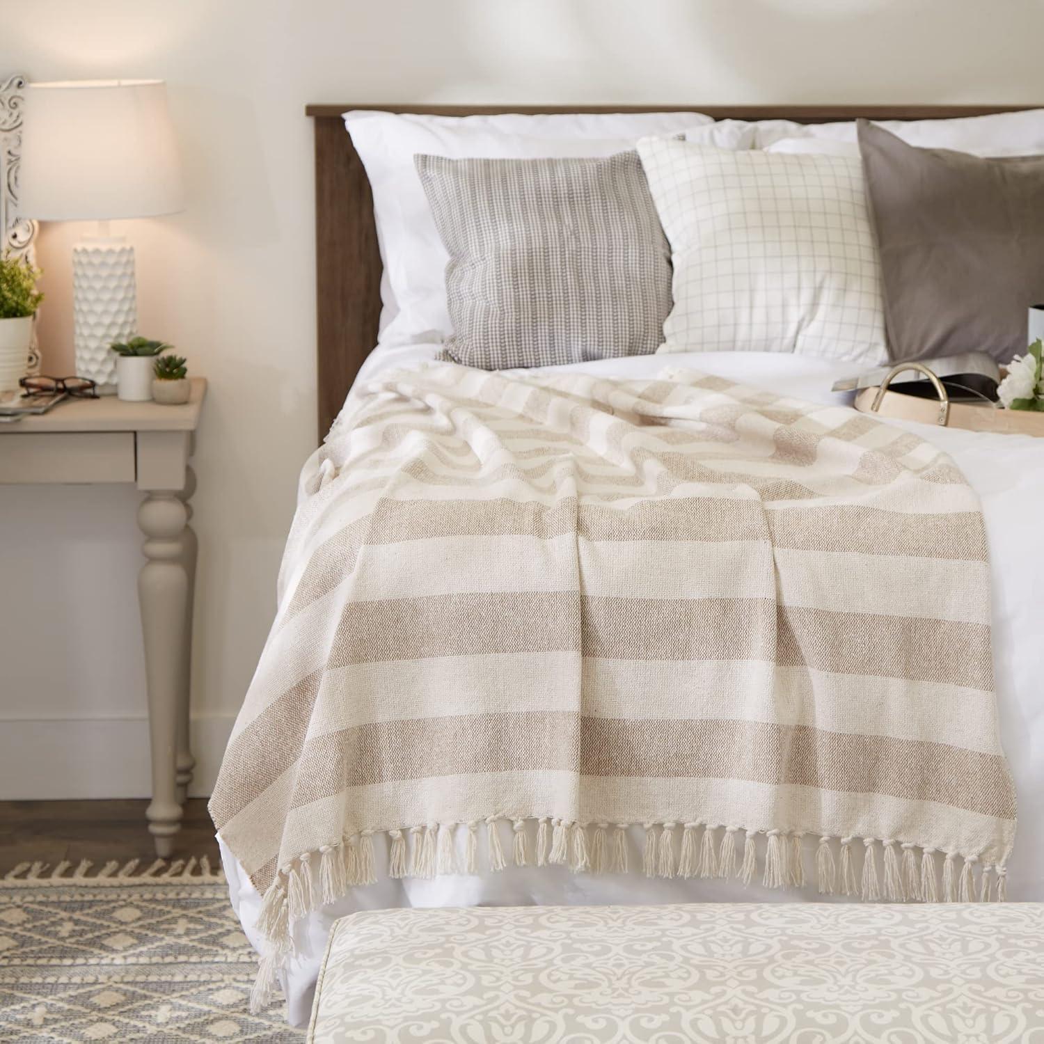 Beige and Off-White Cotton Striped Throw Blanket with Fringe