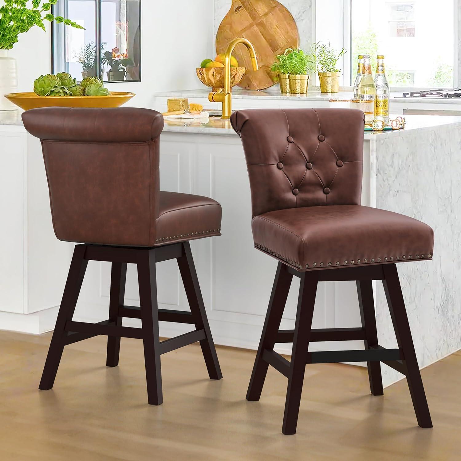 Dark Brown Faux Leather Swivel Bar Stools with Wood Legs, Set of 4