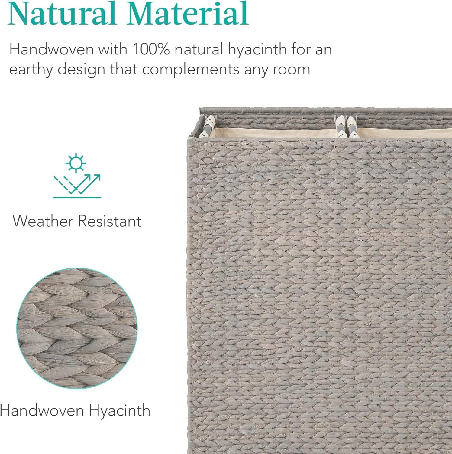 Best Choice Products Large Natural Water Hyacinth Double Laundry Hamper Basket w/ 2 Liner Bags, Handles - Gray