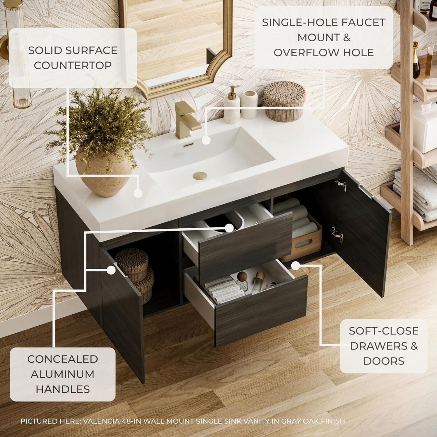 Valencia 48" Wall Mount Single Sink Bathroom Vanity with Top and Sink (Faucet Not Included)