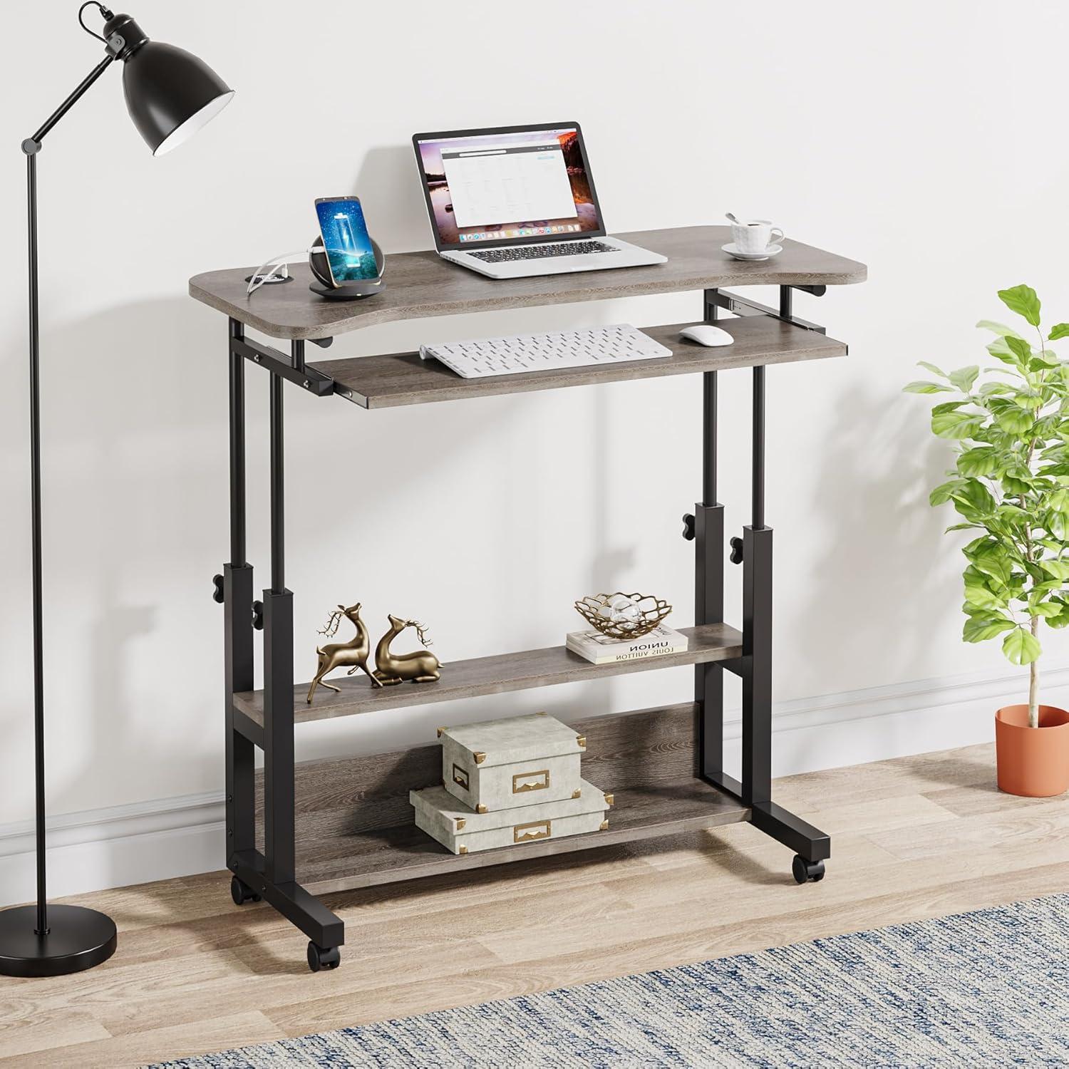 Gray Adjustable Height Laptop Cart with USB Port and Drawer