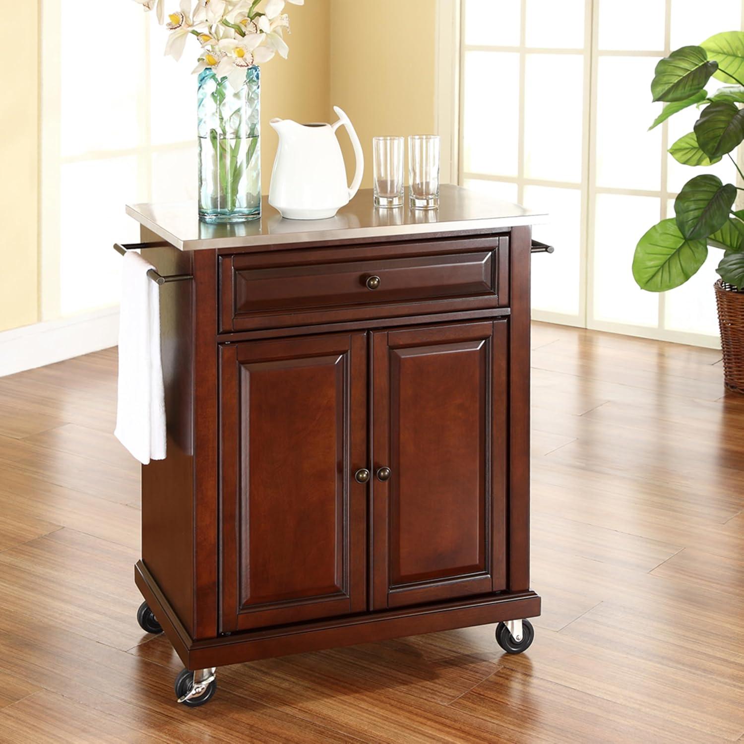Compact Stainless Steel Top Kitchen Cart Mahogany - Crosley: Mobile Island with Storage & Towel Bars