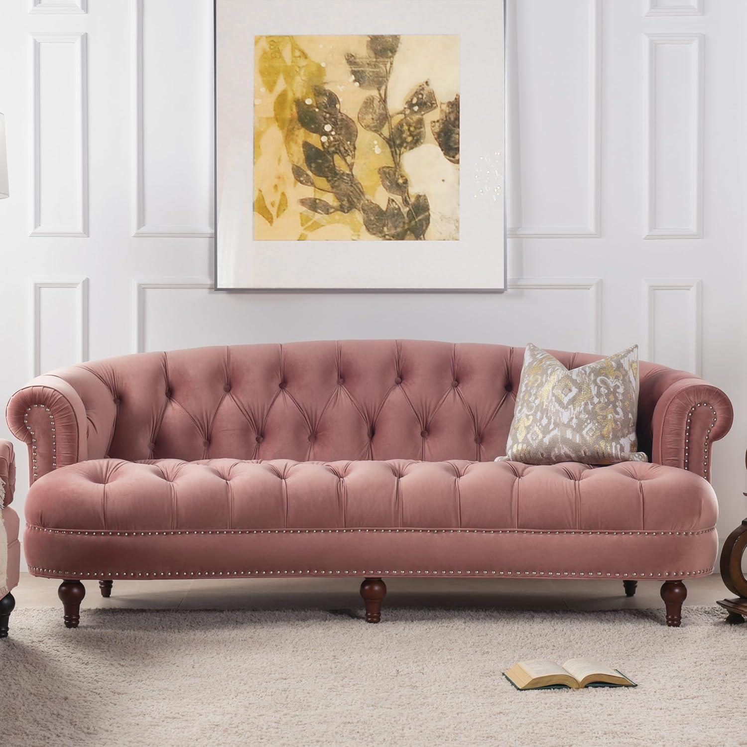 Ash Rose Velvet Chesterfield Sofa with Wood Legs