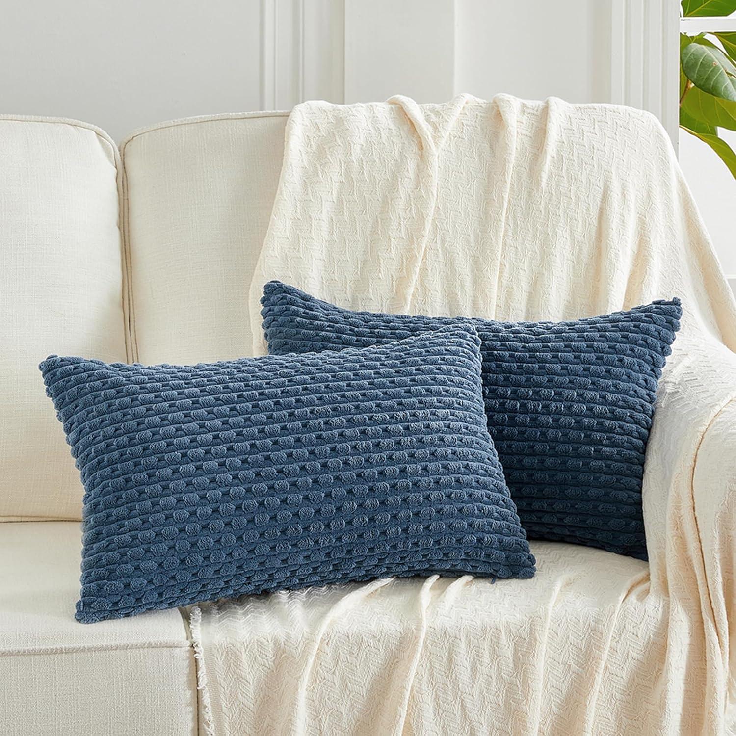 Boho Sage Green Striped Corduroy Pillow Covers - Set of 2 | Farmhouse Rectangle Cushion Cases for Sofa Couch Bed | Soft Decorative Throw Pillowcases - 12x20 Inch Home Decor