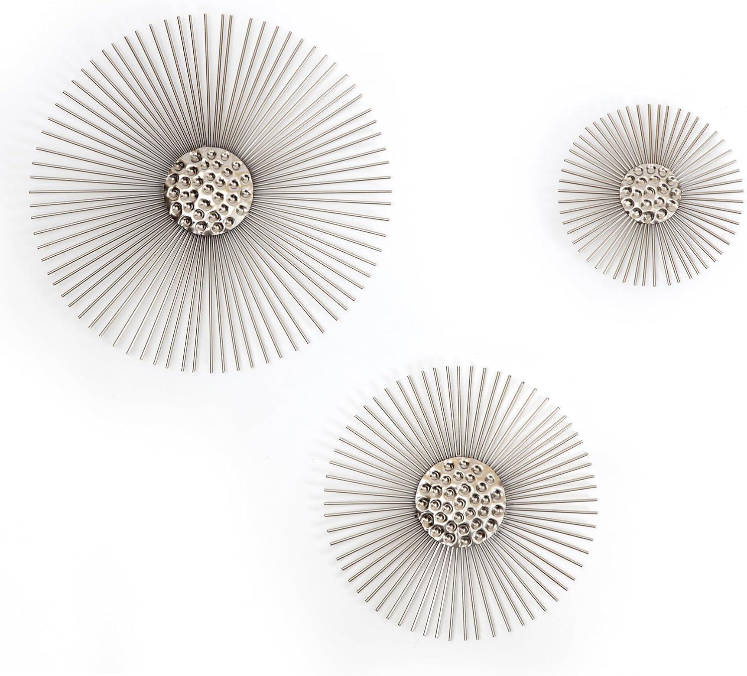 Brewster (Set of 3) Sola Silver Starburst Metal Wall Arts: Iron Sunburst Medallions, Modern Decor