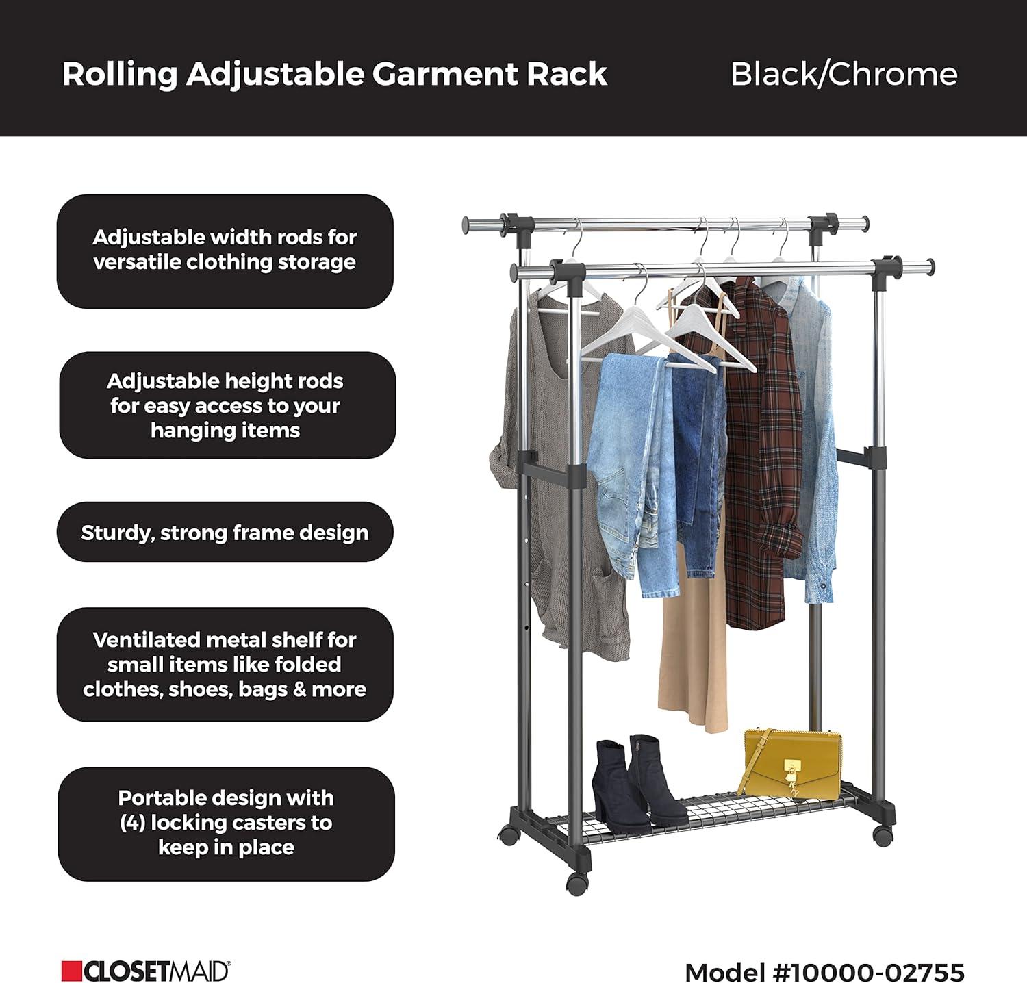 Adjustable Black and Chrome Portable Double Rail Garment Rack