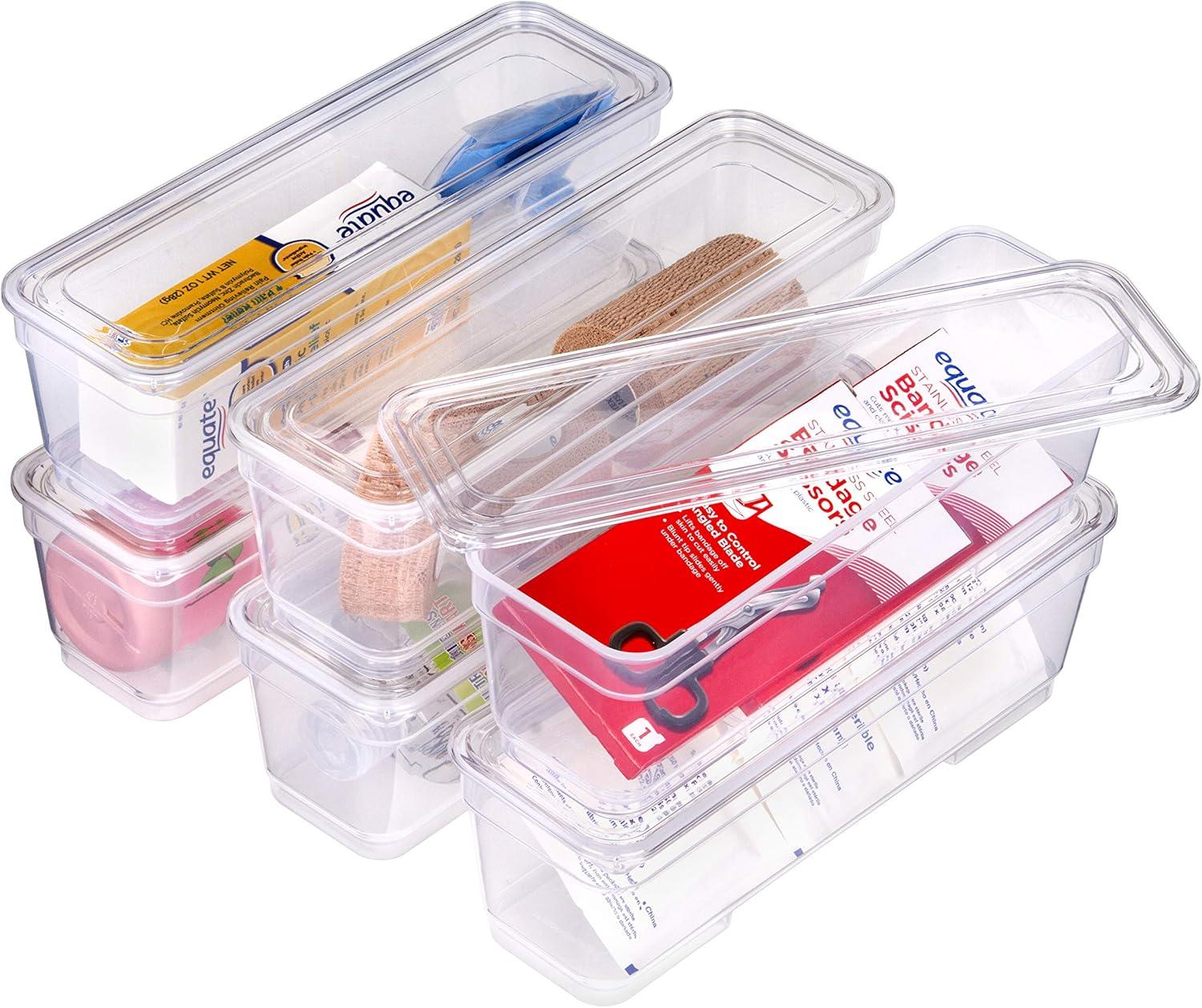 AB Designs Bin Pack, [6] Long Home Organizer Storage Boxes with Lids, Translucent Clear
