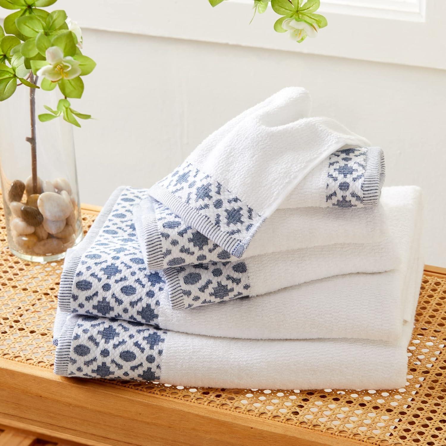 Nitra White and Navy Cotton Towel Set with Geometric Border