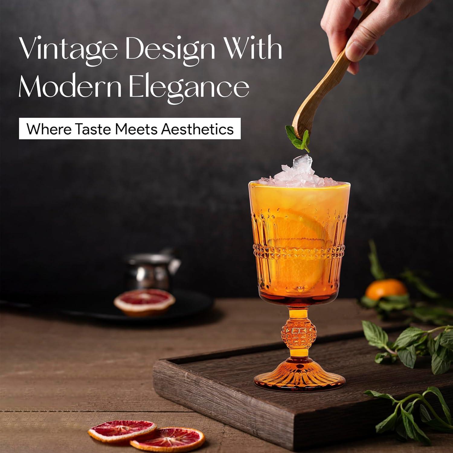 American Atelier Vintage Old Fashion 10 oz. Whiskey Glasses, Romantic Water Tumblers, Barware Glasses for Cocktails, Embossed Beaded, Set of 4, Amber