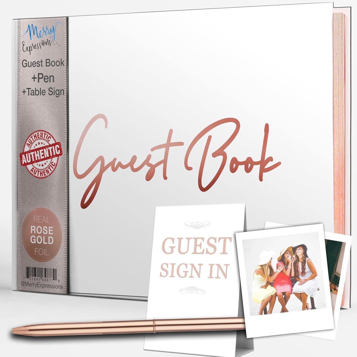 Rose Gold Hardcover Wedding Guest Book with Pen