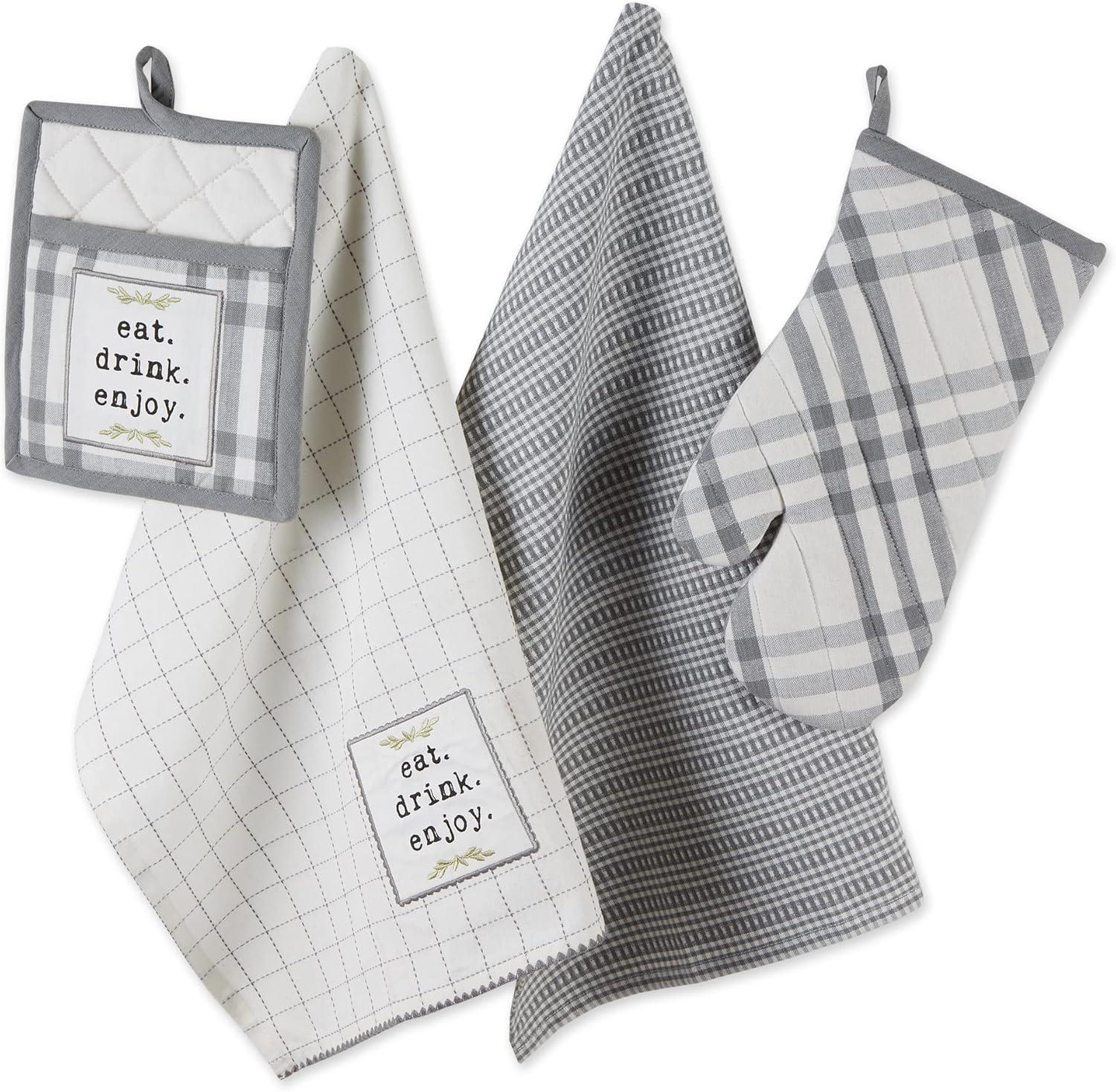 Gray and White Farmhouse Kitchen Towel and Mitt Set