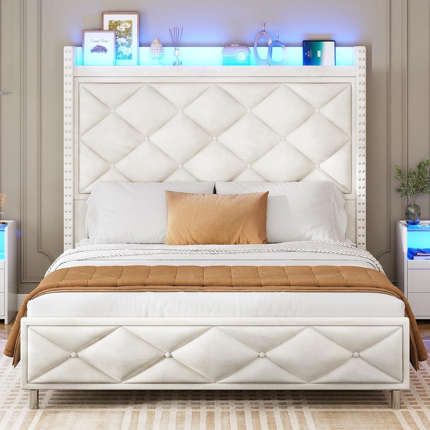 Beige Velvet Queen Bed Frame with Tall Lighted Headboard and Storage