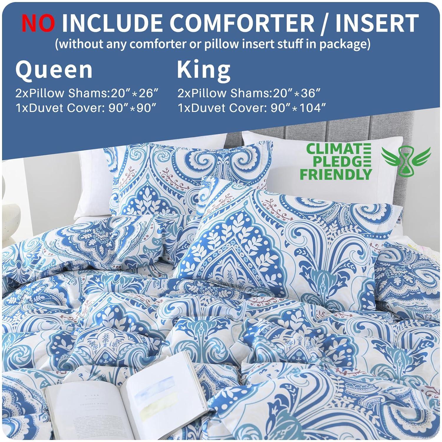 Blue and White Damask Queen Size Microfiber Duvet Cover Set