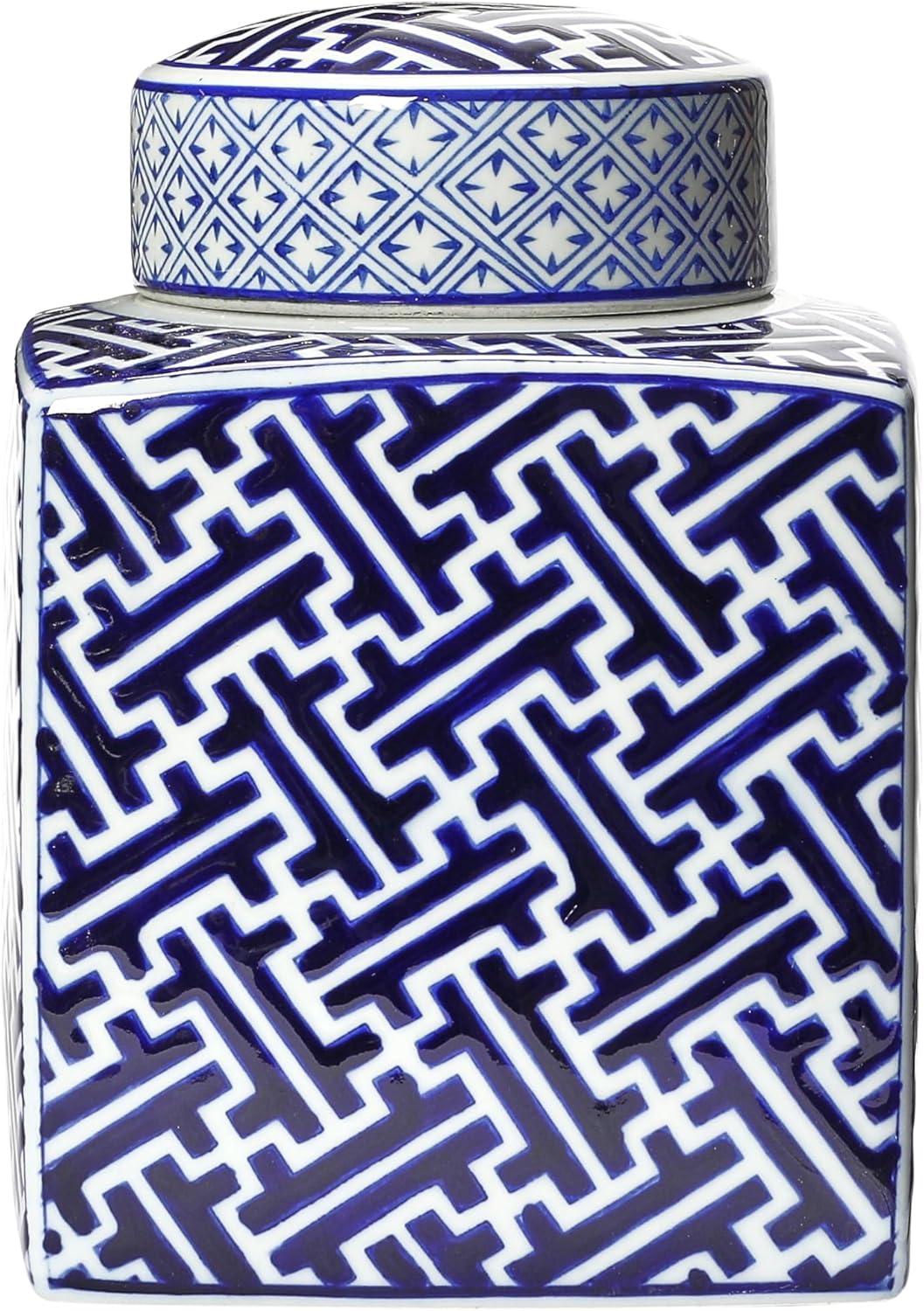 Blue and White Ceramic Ginger Jar with Lid