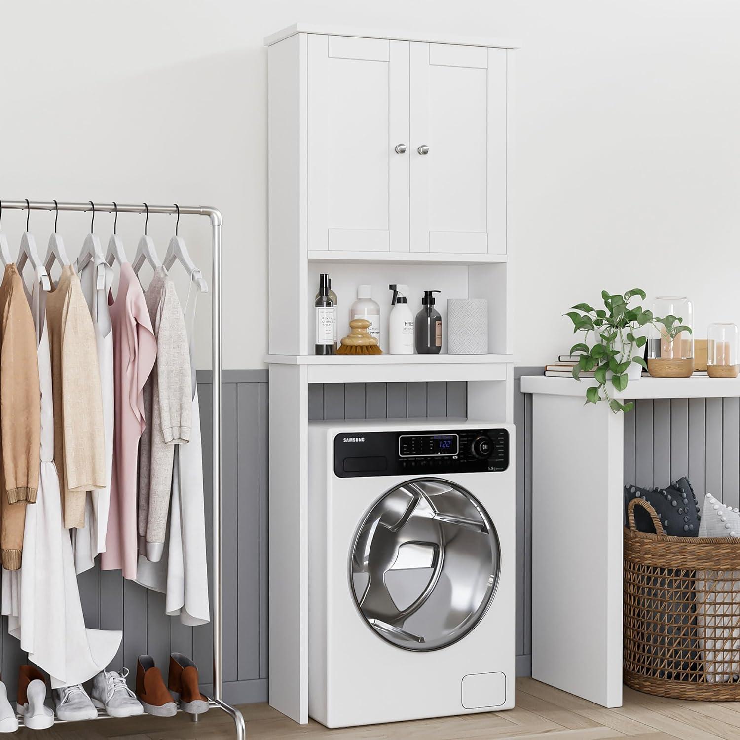 White Engineered Wood Over-the-Toilet Storage Cabinet with Adjustable Shelf