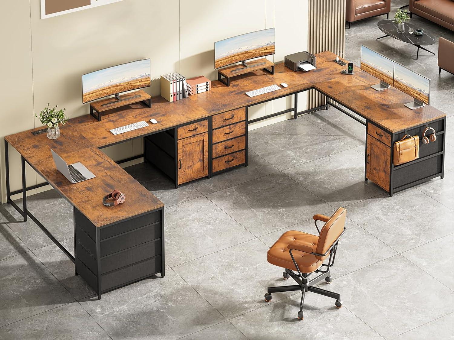 Rustic Brown L-Shaped Computer Desk with Drawers and Power Outlet