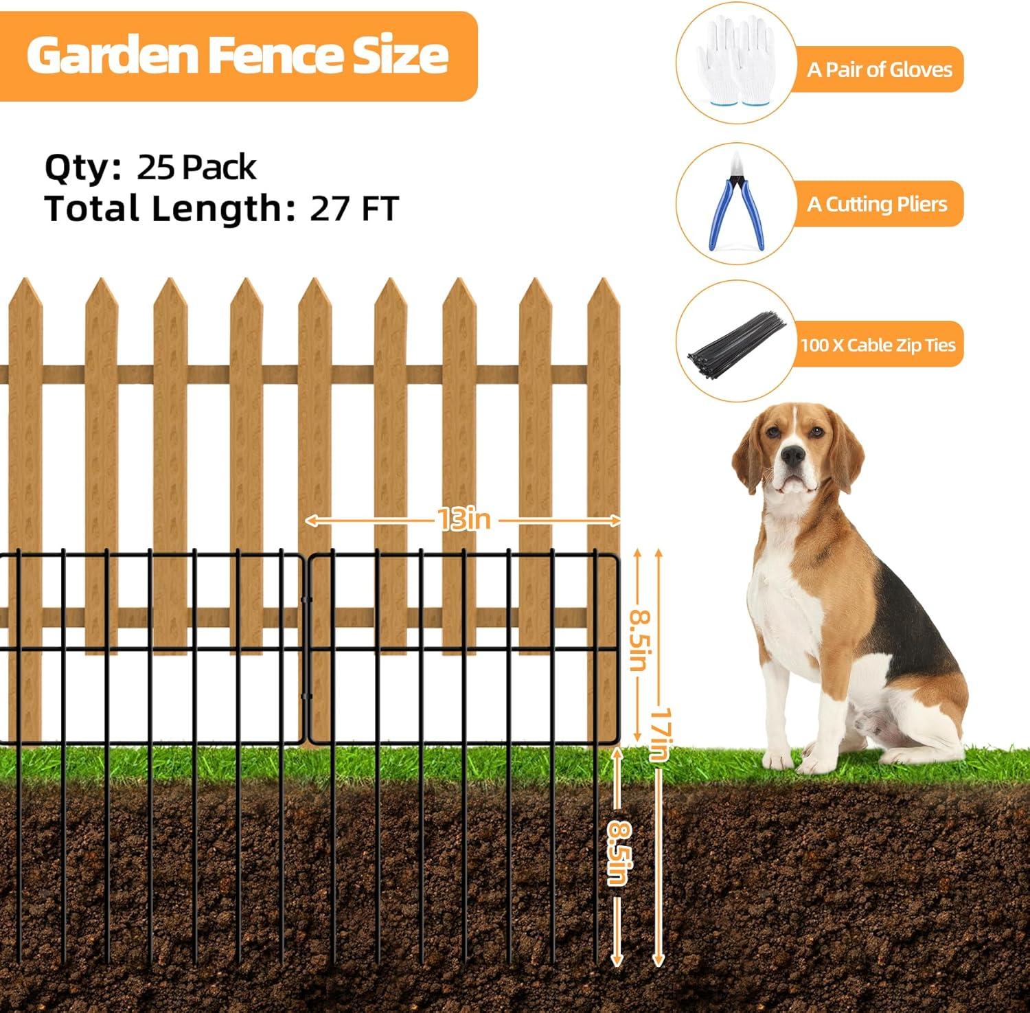 25 Pack Garden Animal Barrier Fence, 1.65inch Spike Spacing No Dig Fence, Reusable Rustproof Metal Fence Border, Dogs Rabbits Blocker Fence for Outdoor Yard, Total 27ft(L) x 17inch(H)