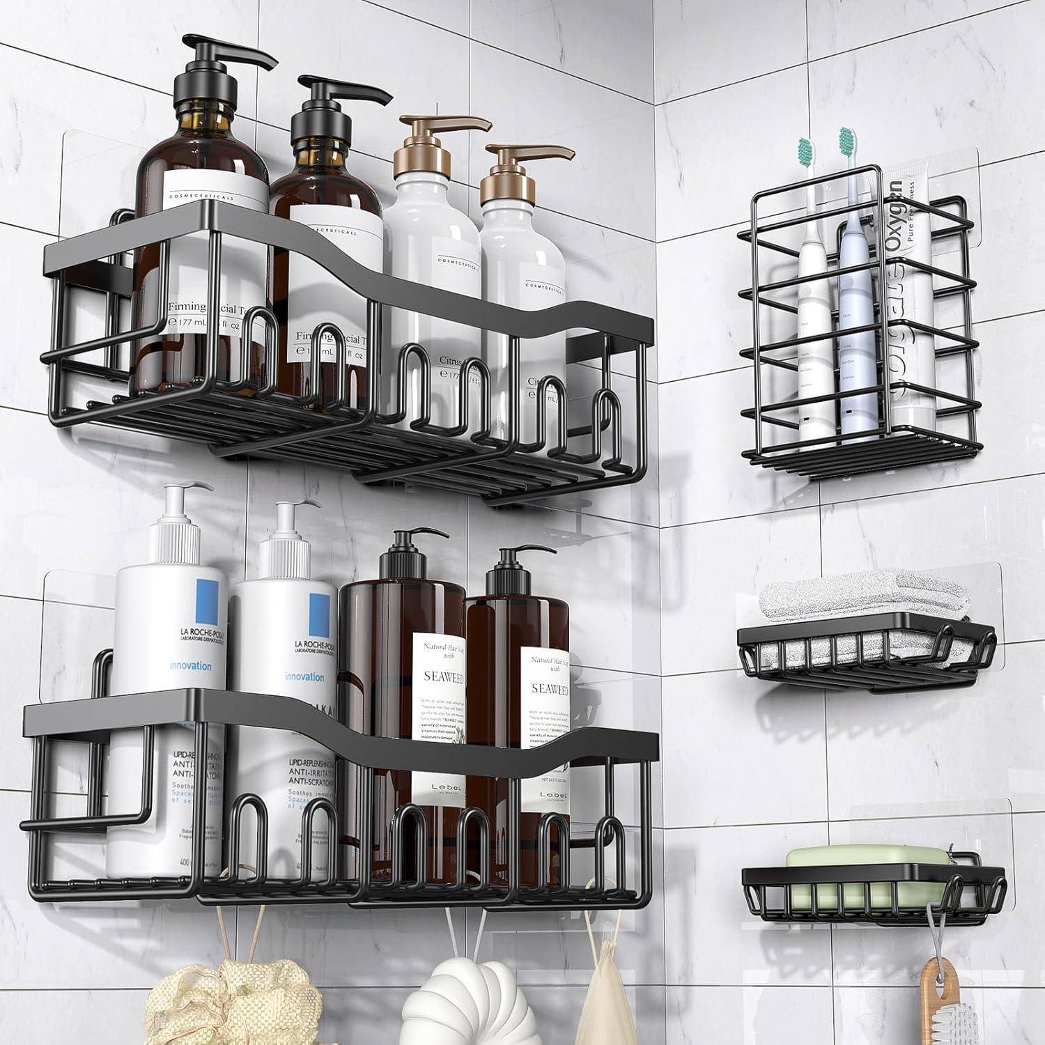 Shower Caddy 5 Pack,Adhesive Shower Organizer for Bathroom Storage&Home Decor&Kitchen,No Drilling,Large Capacity,Rustproof Stainless Steel Bathroom Organizer,Shower Shelves for Inside Shower-Standard