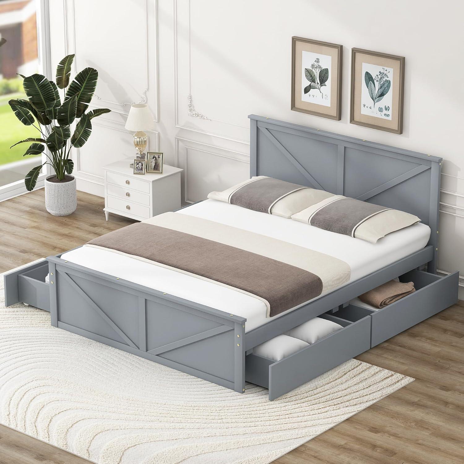 Bellemave Queen Size Storage Bed, Solid Wood Queen Platform Bed with 4 Drawers, Queen Bed Frame with Headboard for Kids Teens Adults (Gray)