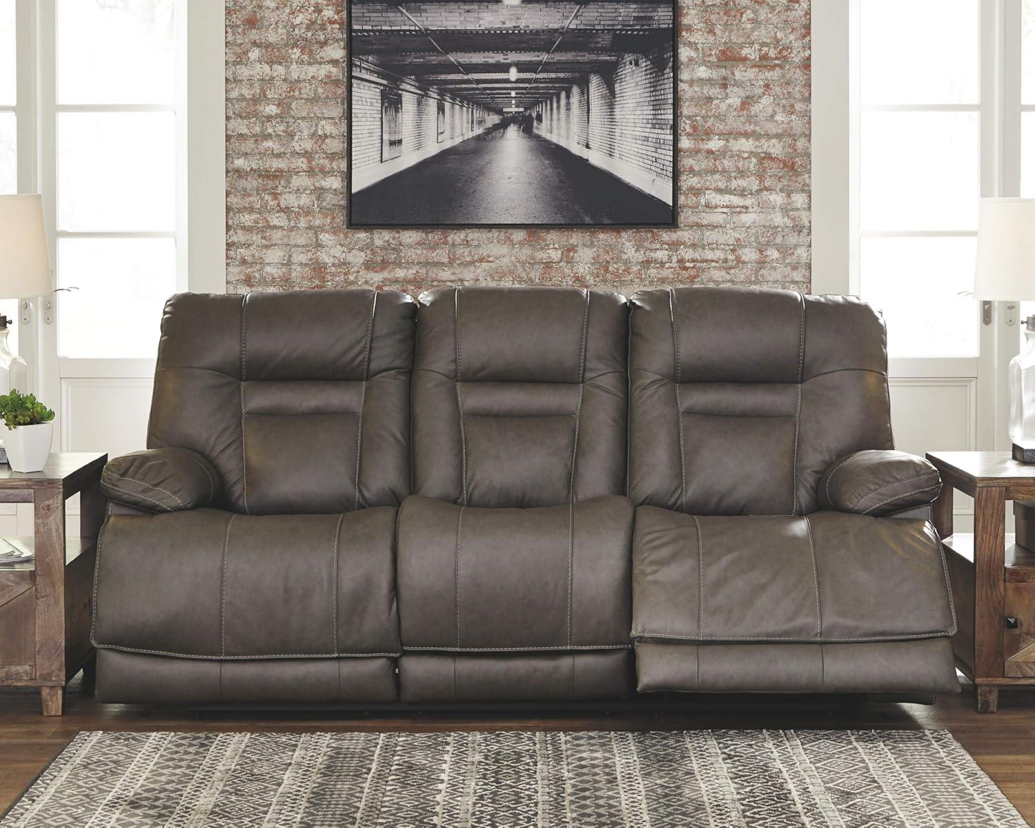 Signature Design by Ashley Wurstrow Leather Power Reclining Sofa in Smoke