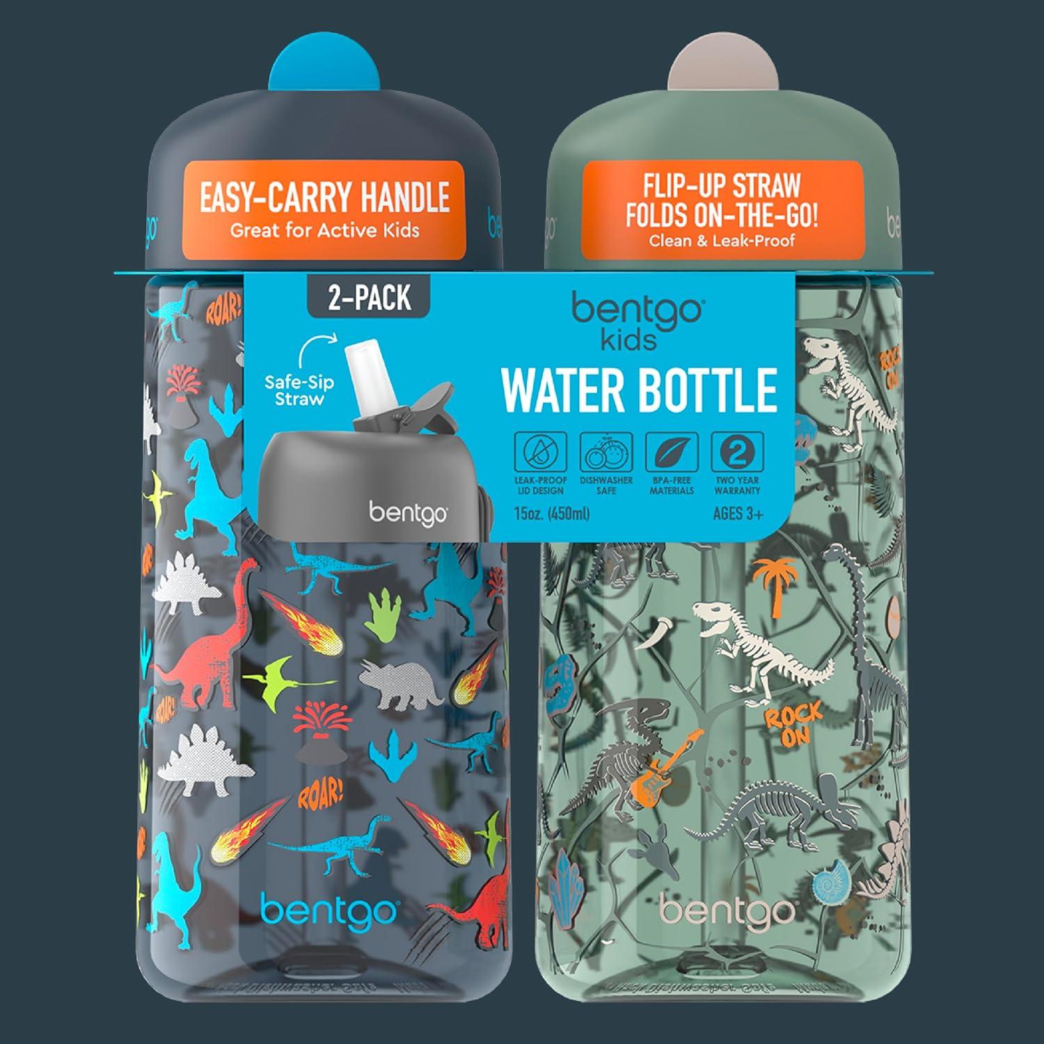 Bentgo® Kids Water Bottle 2-Pack - New, Improved 2023 Leak-Proof BPA-Free 15 oz Cups for Toddlers & Children - Flip-Up Safe-Sip Straw for School, Sports, Daycare, Camp (Dinosaur/Dino Fossils)