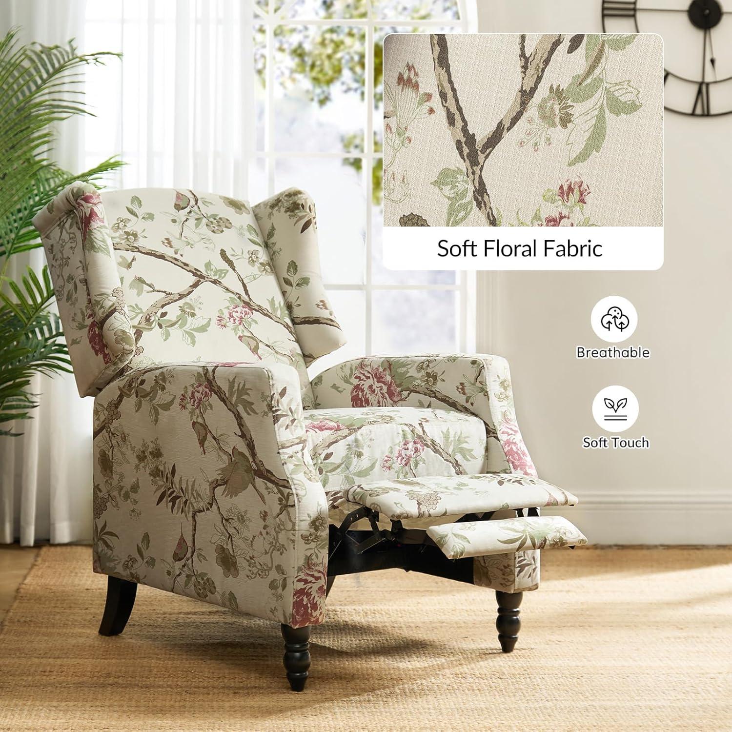 Fabric Wingback Manual Recliner Set of 2 Traditional Push Back Upholstered Armchair Sofa Home Theater Living Room Bird