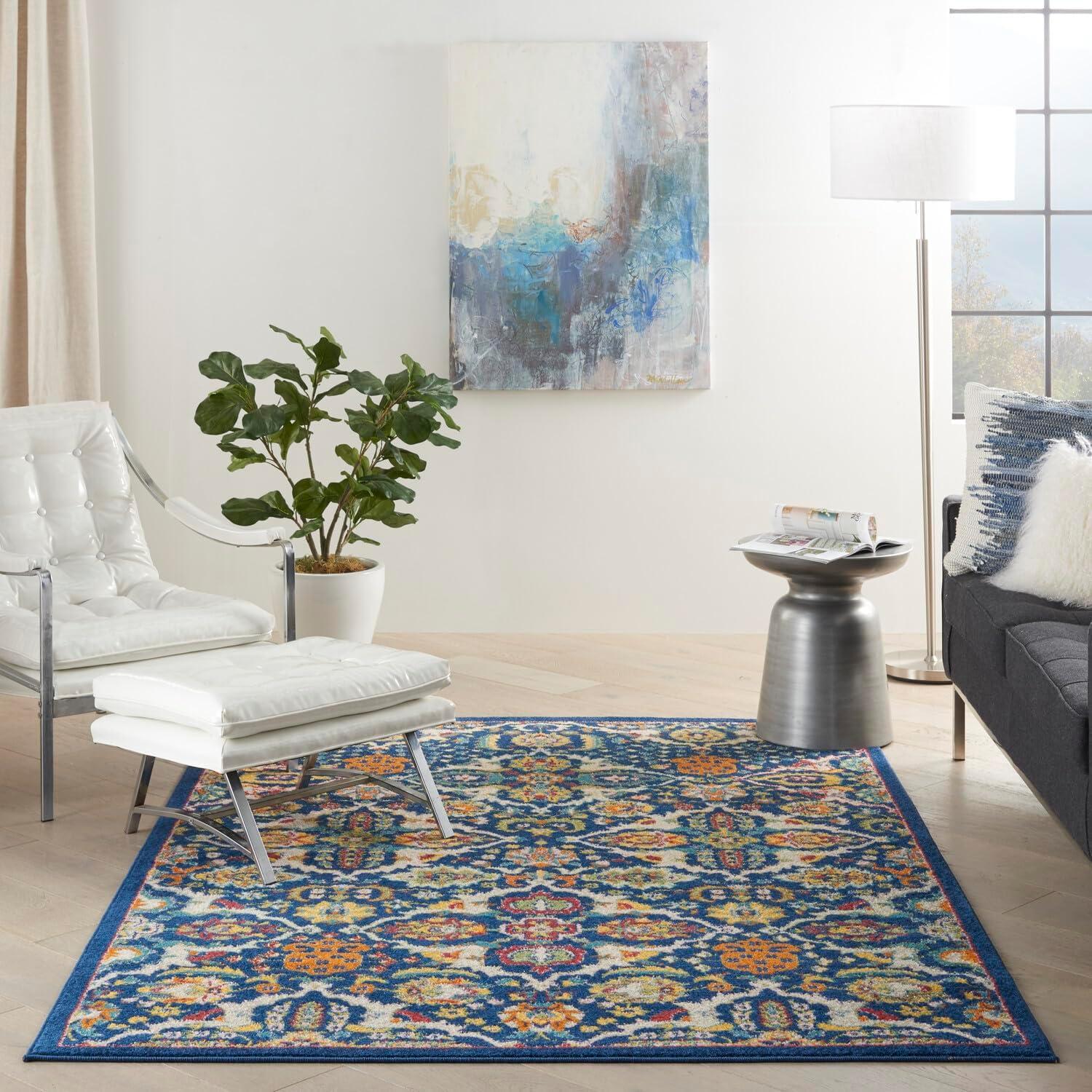 Allur Boho Navy Multicolor Floral 4' x 6' Synthetic Area Rug