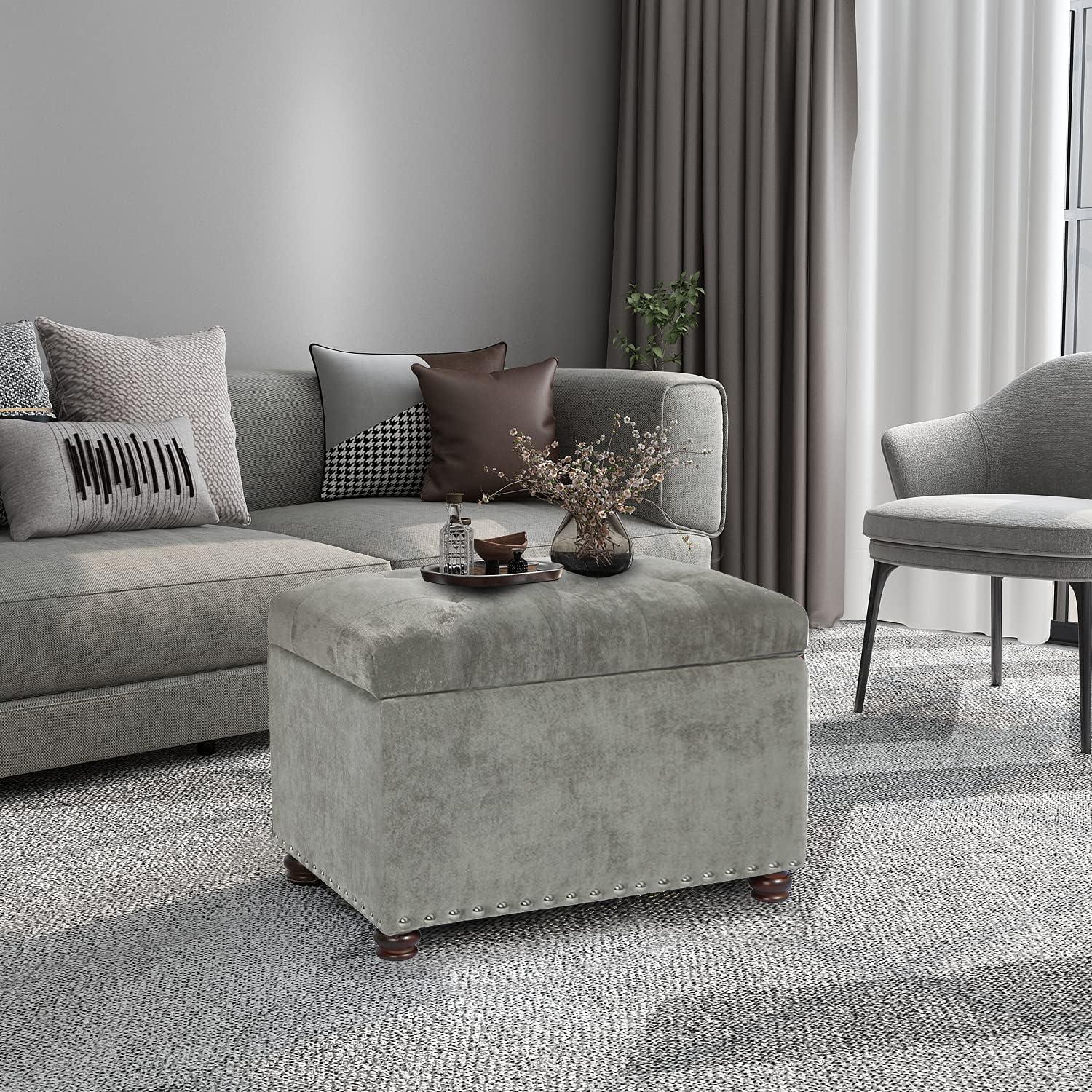 Light Grey Tufted Fabric Storage Ottoman Bench with Nailhead Trim