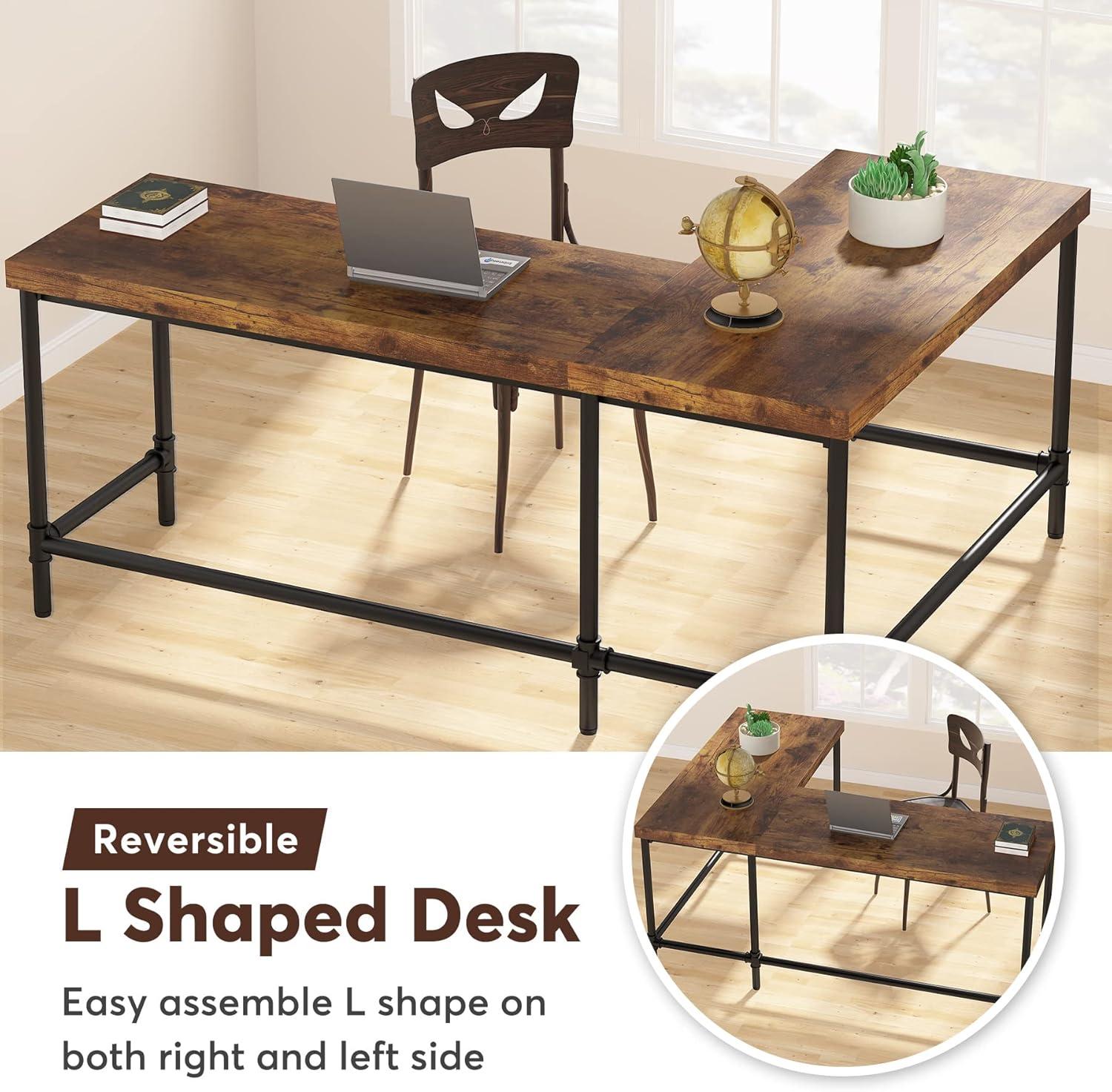 Tribesigns 67 inch L-Shaped Desk,Industrial L Desk, Reversible Corner Computer Office Desk Study Table Workstation with Pipe Legs for Home Office(Brown)