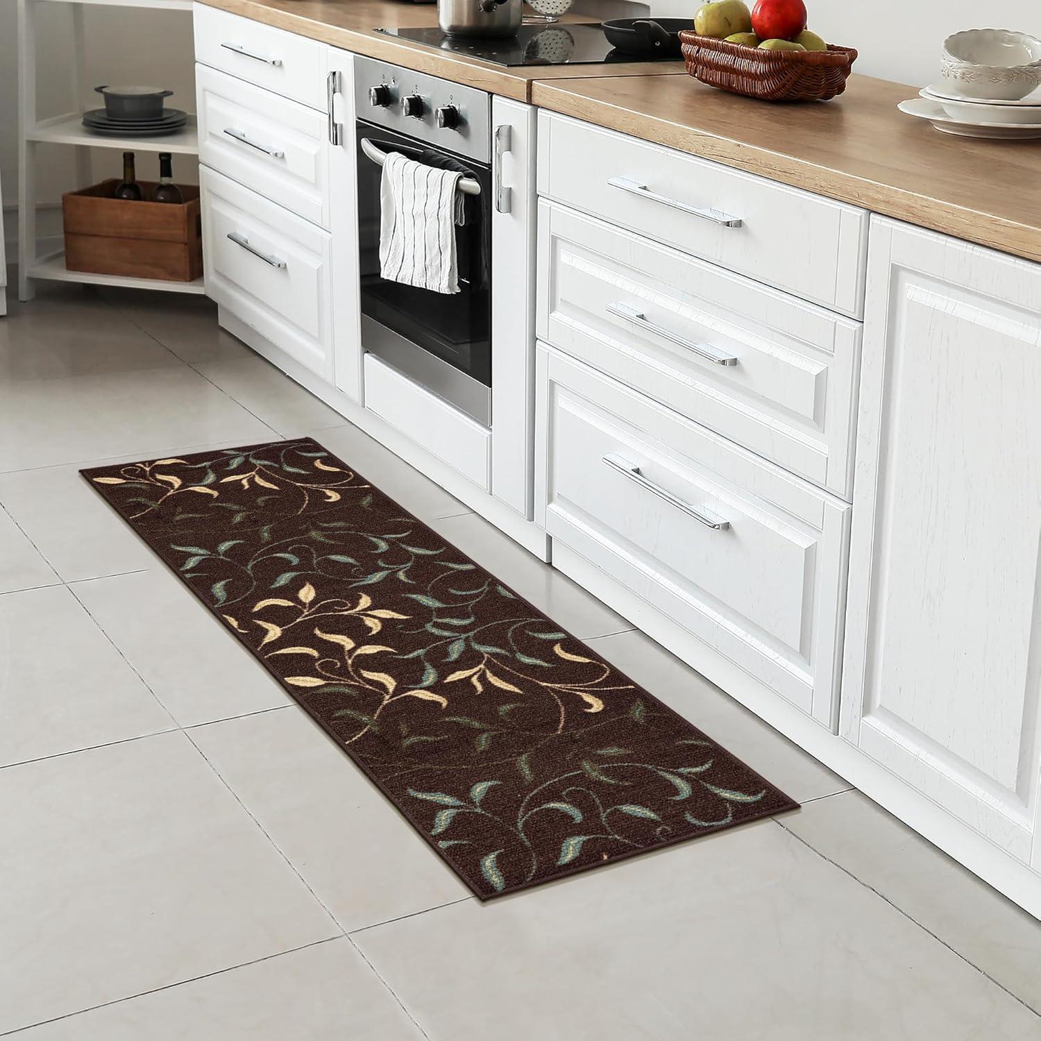 Ottohome Non-Slip Leaves Area Rug For Living Room, Hallway Runner, Entryway Rug, Brown