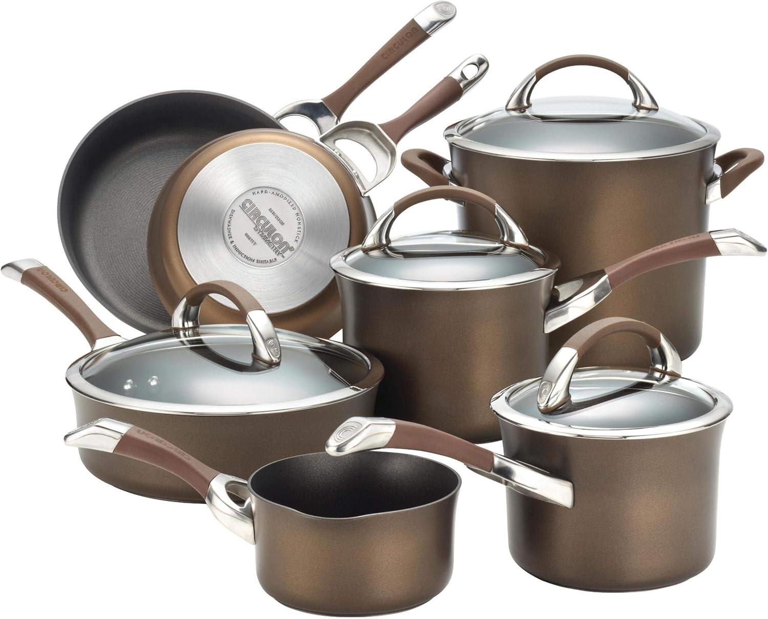 Circulon Symmetry 11 Piece Cookware Set - Chocolate: Nonstick Pans, Hard Anodized, Soft-Grip Handles, Induction Compatible