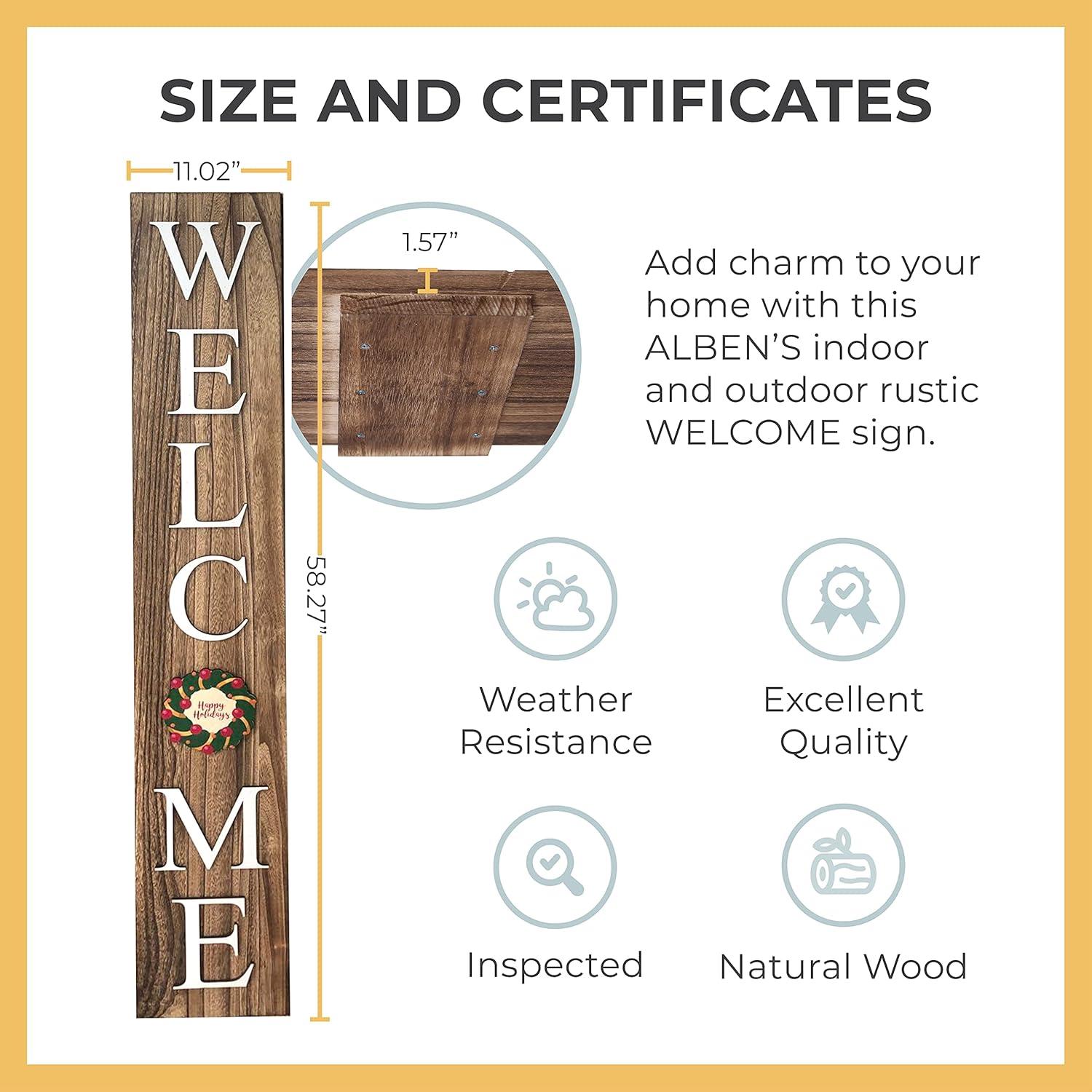 ALBEN Welcome Sign For Front Door Porch With Ornamental Tiles - 8 Interchangeable Seasonal Tiles, Celebrate Holidays and Seasons, Vertical Wooden Outdoor and Indoor Welcome Home Decor Sign