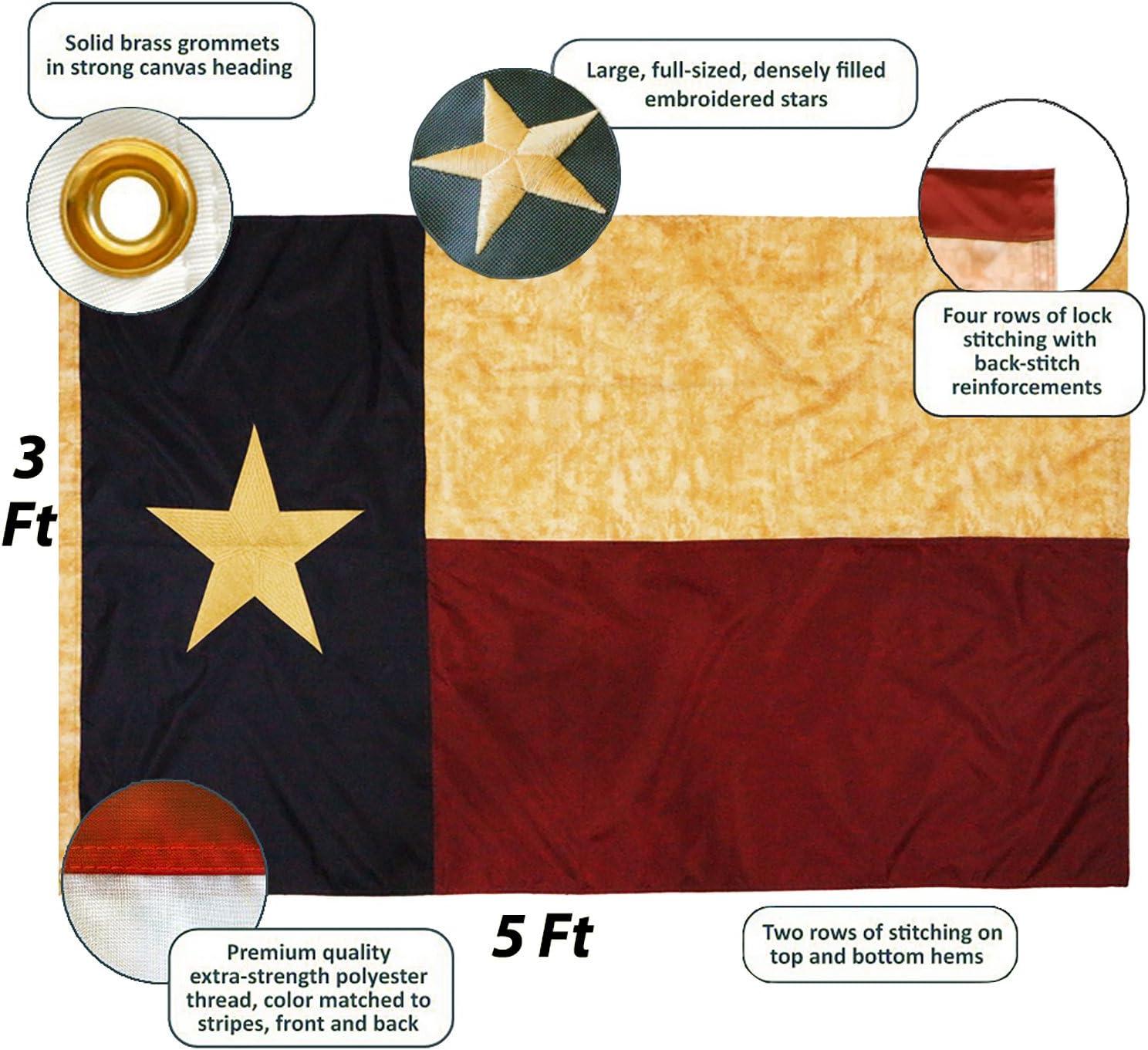 ANLEY 3x5 Ft Vintage Style Tea Stained Texas State Flag - Nylon Embroidered Antiqued Texan TX State Banner