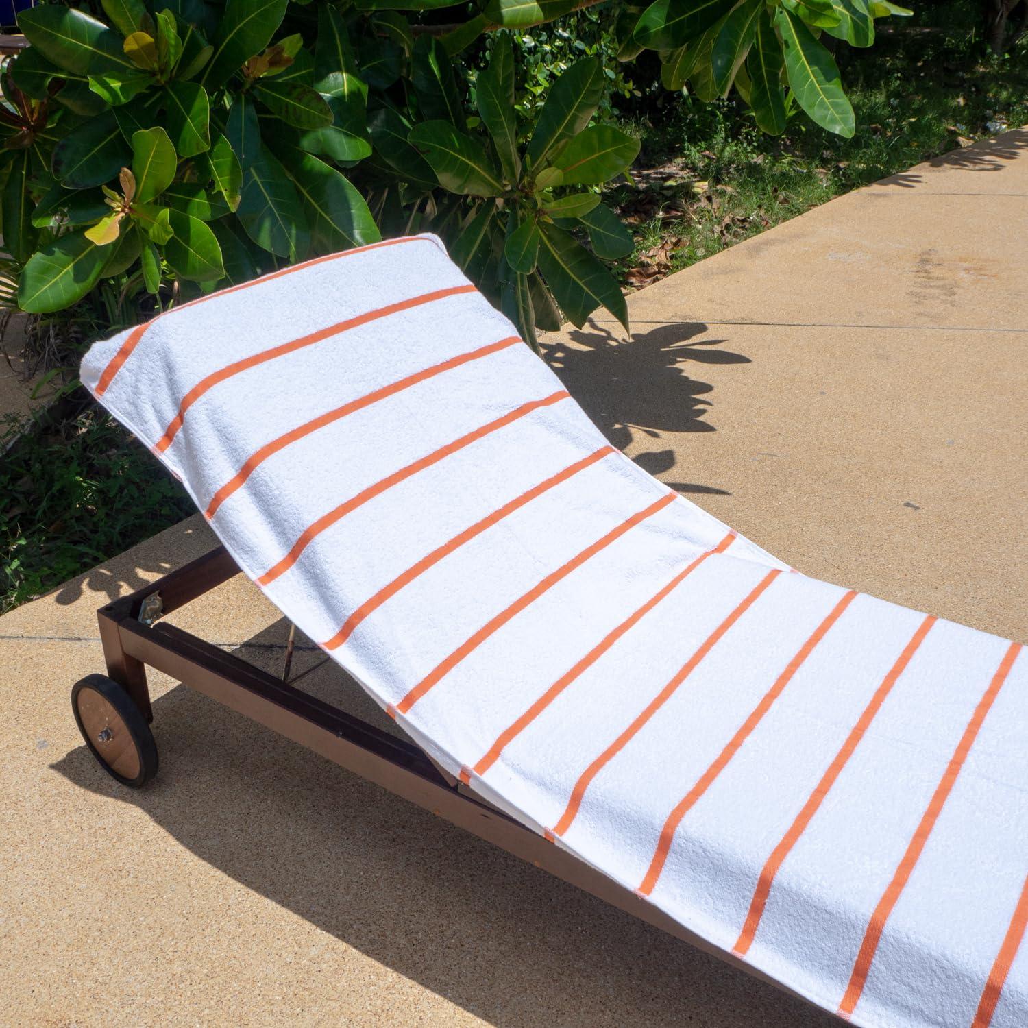 Arkwright Las Rayas Chaise Lounge Cover - (Pack of 2) 100% Cotton Terry Towel with Fitted Pocket, 30x85 - Orange
