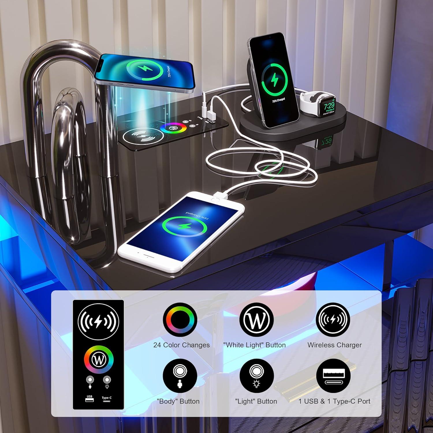 HNEBC Smart LED Nightstand with Wireless Charging & USB Ports, High Glossy Night Stand with 3 Drawers and 1 Pull-Out Tray, Modern Bedside Table with Human Sensor for Bedroom (White)