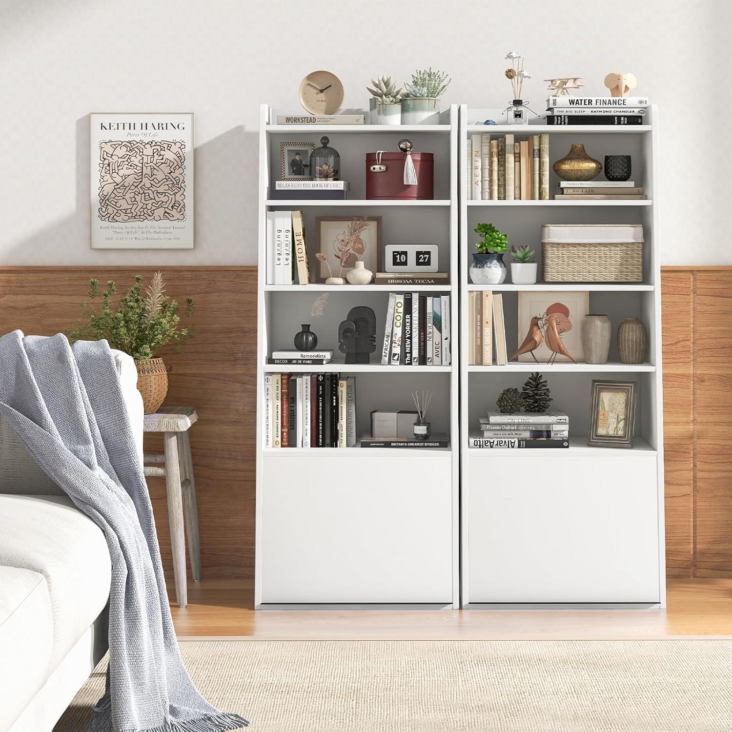 Tangkula 6-tier Bookcase w/ 2 Adjustable Shelves Filp-up Door 5 Open Shelves Bedroom White