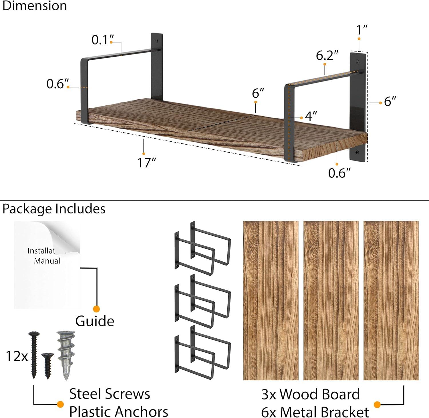 Wallniture  Toledo 17" Wood Shelves for Living Room Décor, Burned Finish, Set of 3