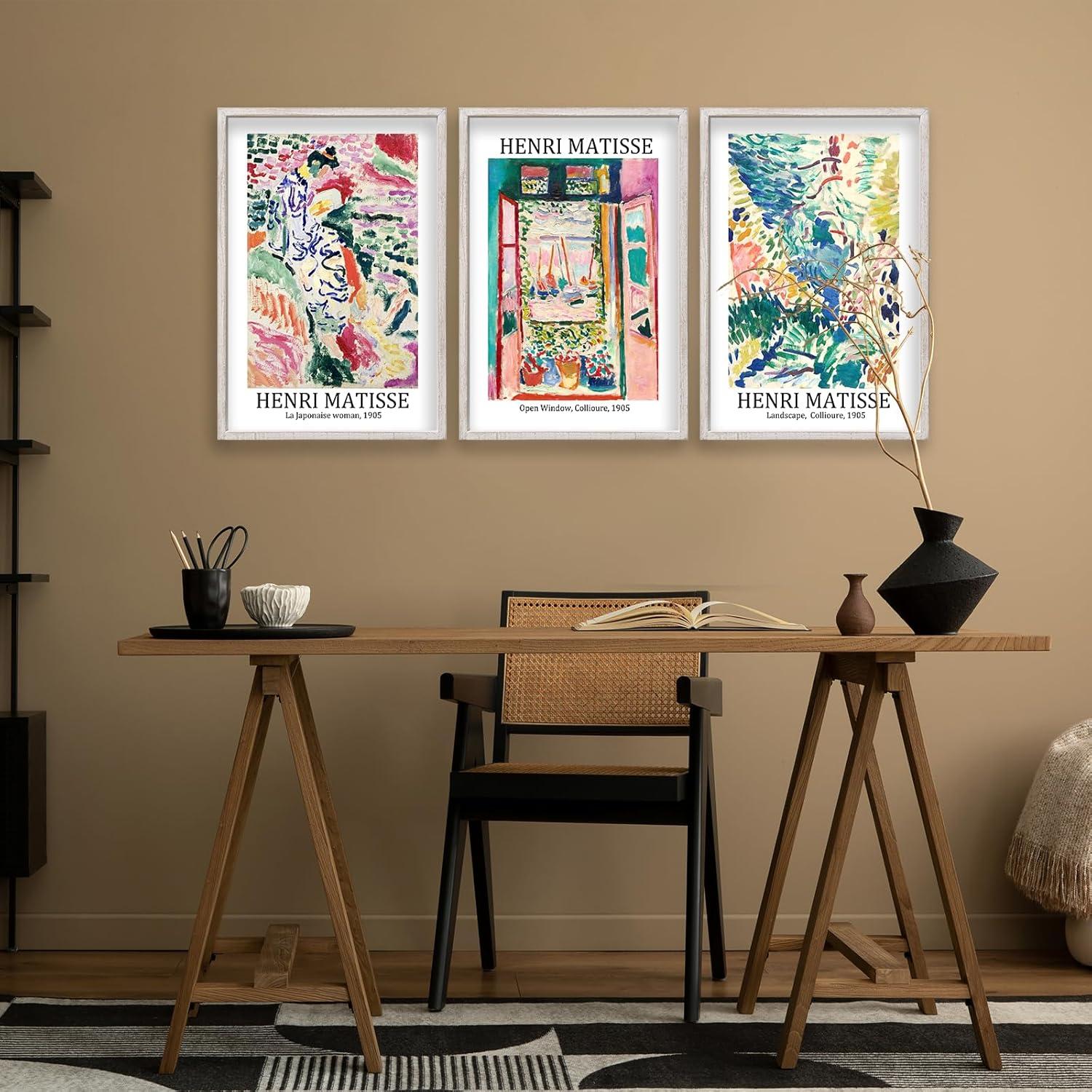 Vault W Artwork Set Of 3 16X11 Inch Large Rustic Farmhouse Aesthetic Wood Framed Matisse Sign Modern Home Bedroom Living Room Office Abstract Landscape Print Wall Hang (Wood) (Set of 3)