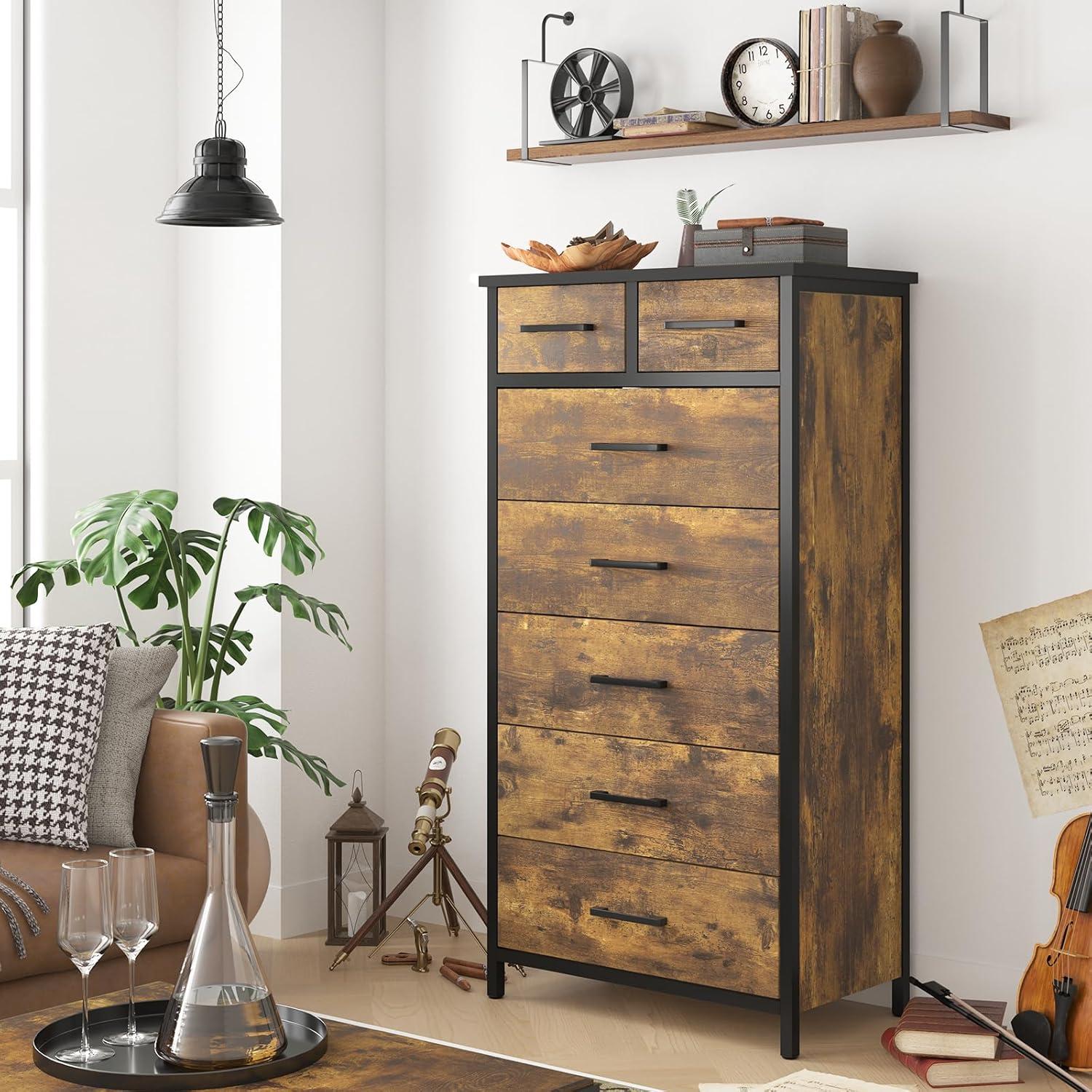 IKENO 7 Drawer Dresser, Industrial Wood Storage Dressers & Chests of Drawers with Sturdy Steel Frame, Storage Dresser for Bedroom Wood